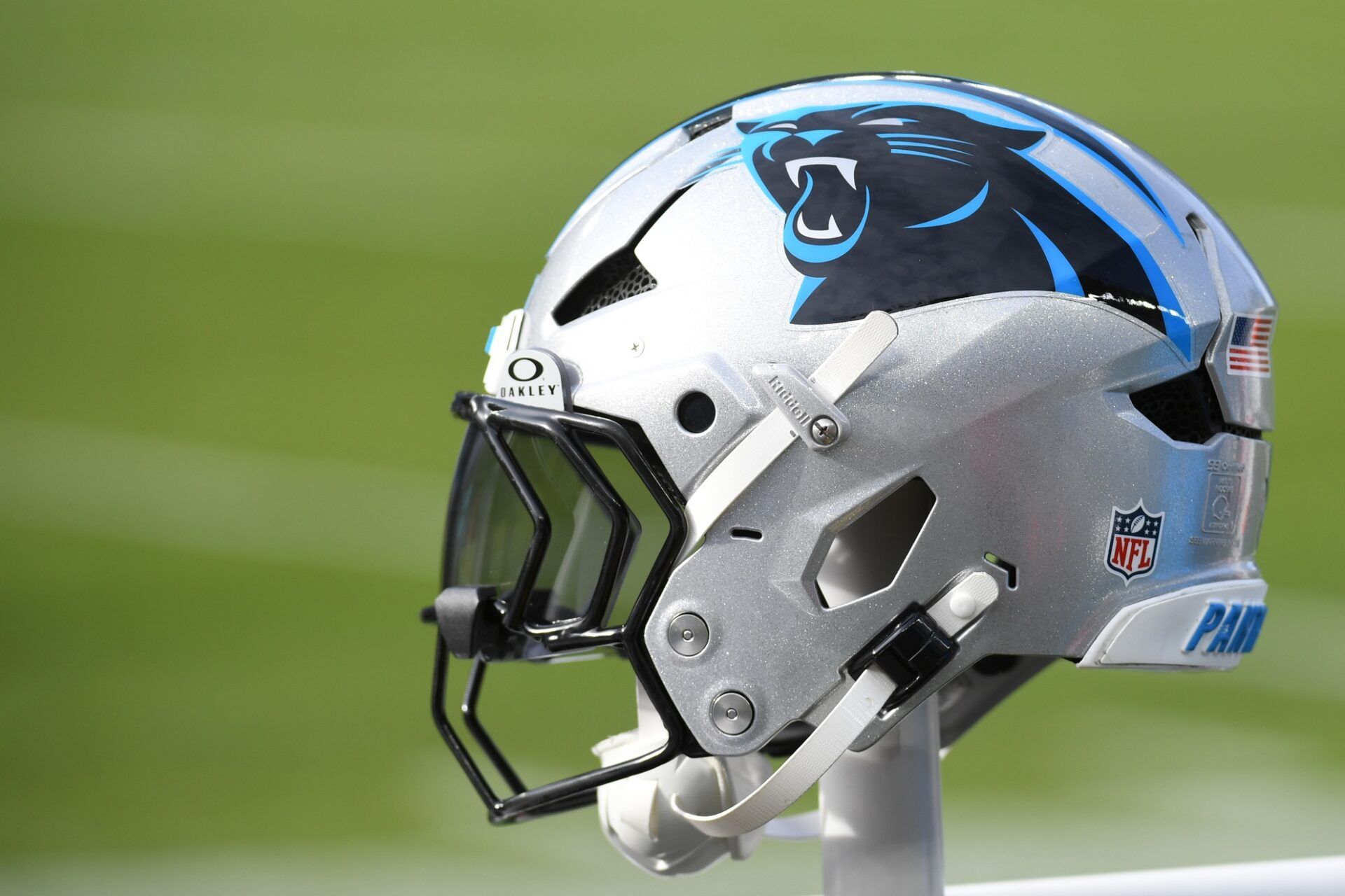 Carolina Panthers helmet rests on the bench against the Philadelphia Eagles at Lincoln Financial Field.