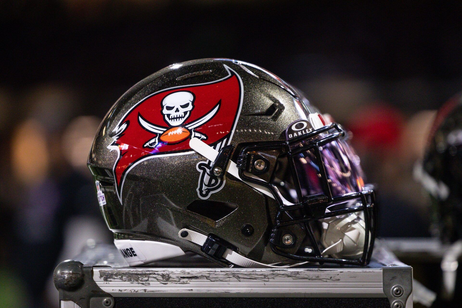 Detailed view of the Tampa Bay Buccaneers helmet against the New Orleans Saints during the first half at Caesars Superdome.