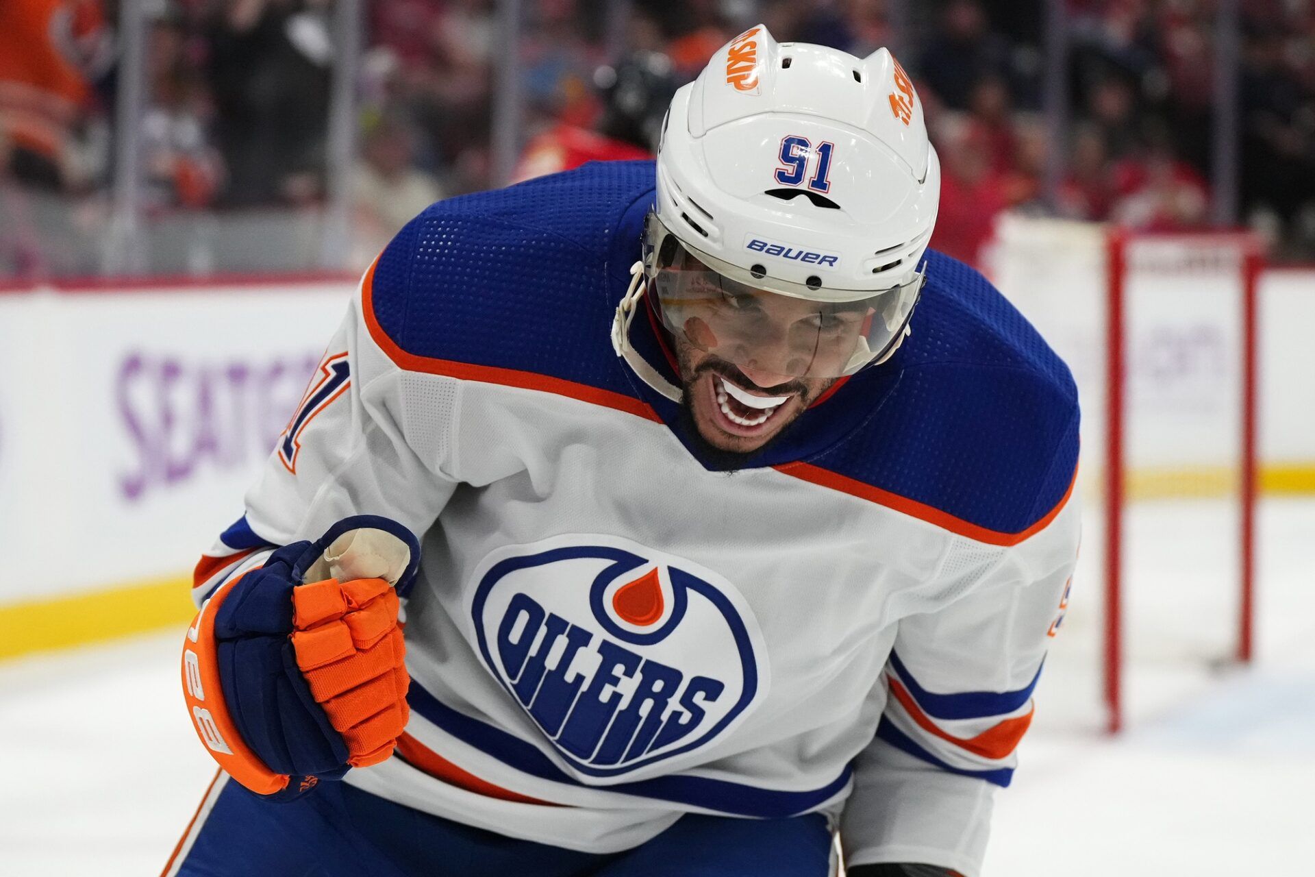 Edmonton Oilers left wing Evander Kane (91) celebrates his goal against the Florida Panthers during the first period at Amerant Bank Arena.