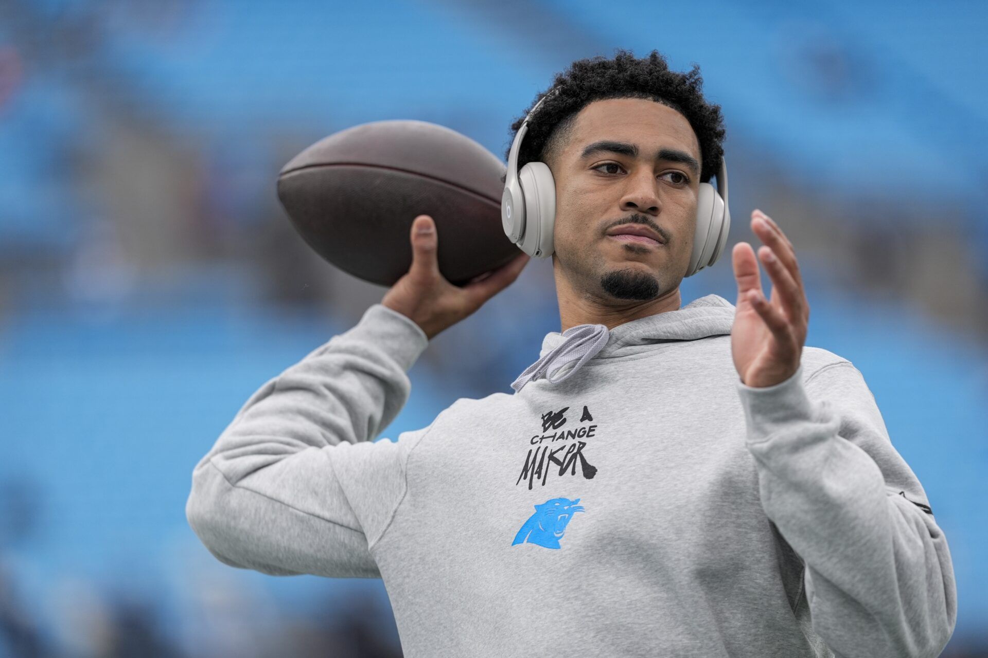 Carolina Panthers quarterback Bryce Young (9) throws during pregame warmups against the Dallas Cowboys at Bank of America Stadium.