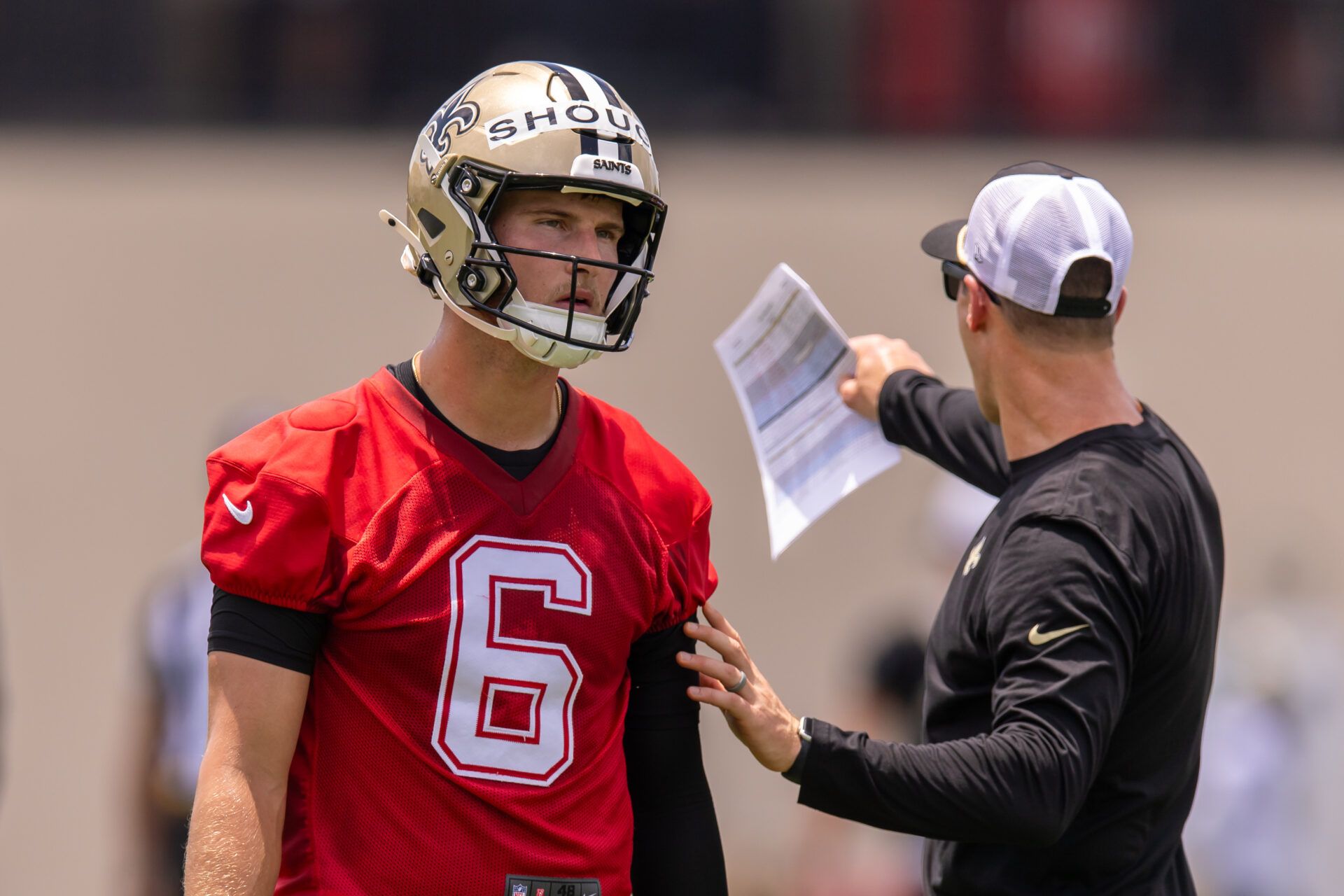 New Orleans Saints quarterback Tyler Shough (6) looks on during minicamp at Ochsner Sports Performance Center.
