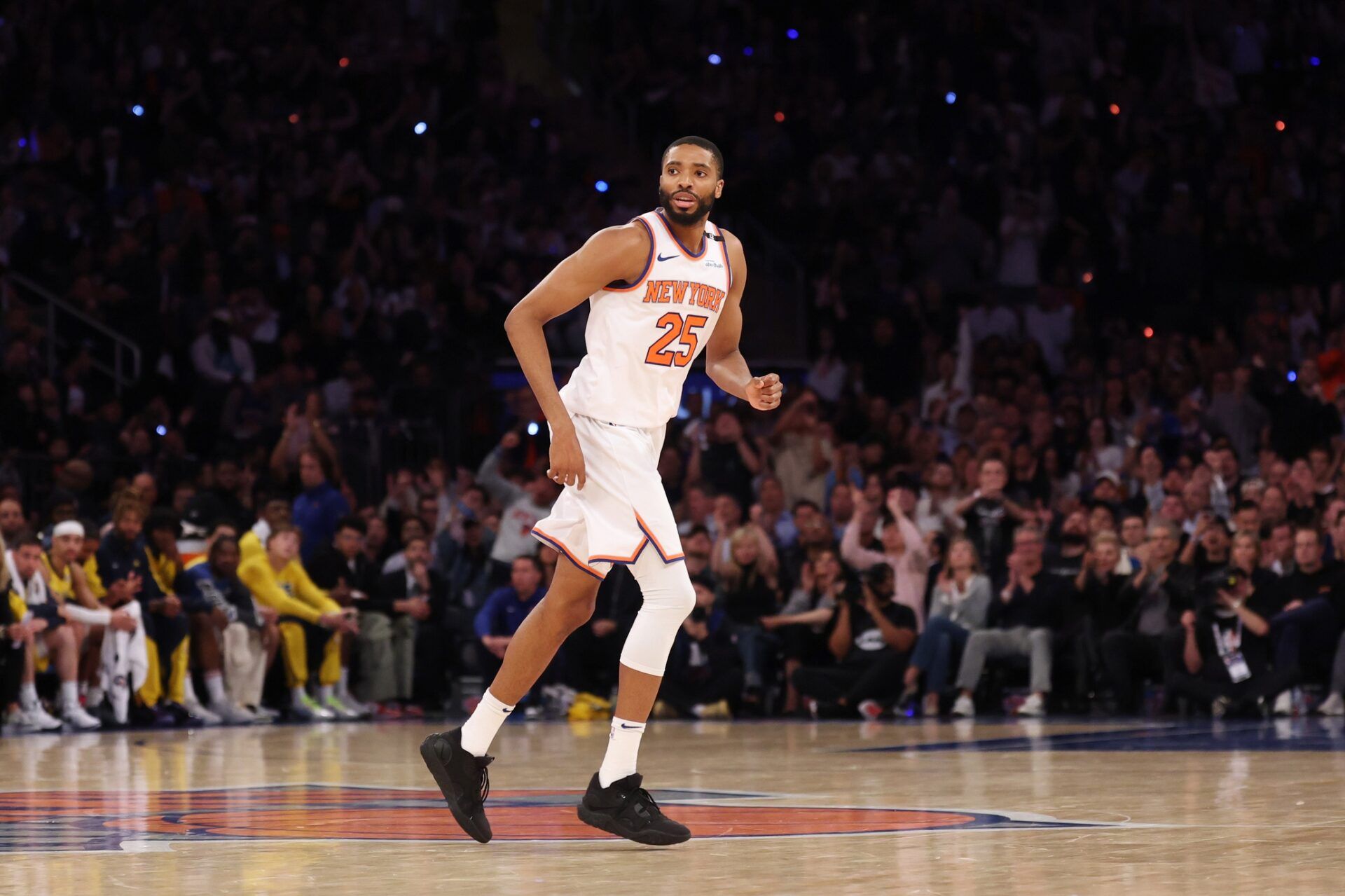 New York Knicks forward Mikal Bridges (25) reacts in the fourth quarter against the Indiana Pacers during game five of the eastern conference finals for the 2025 NBA Playoffs at Madison Square Garden.