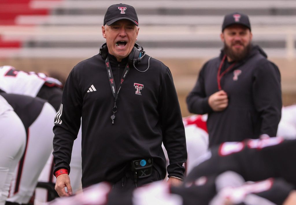 Head coach Joey McGuire offers words of encouragement before the Texas Tech football team's spring game, Saturday, April 19, 2025, at Jones AT&T Stadium.