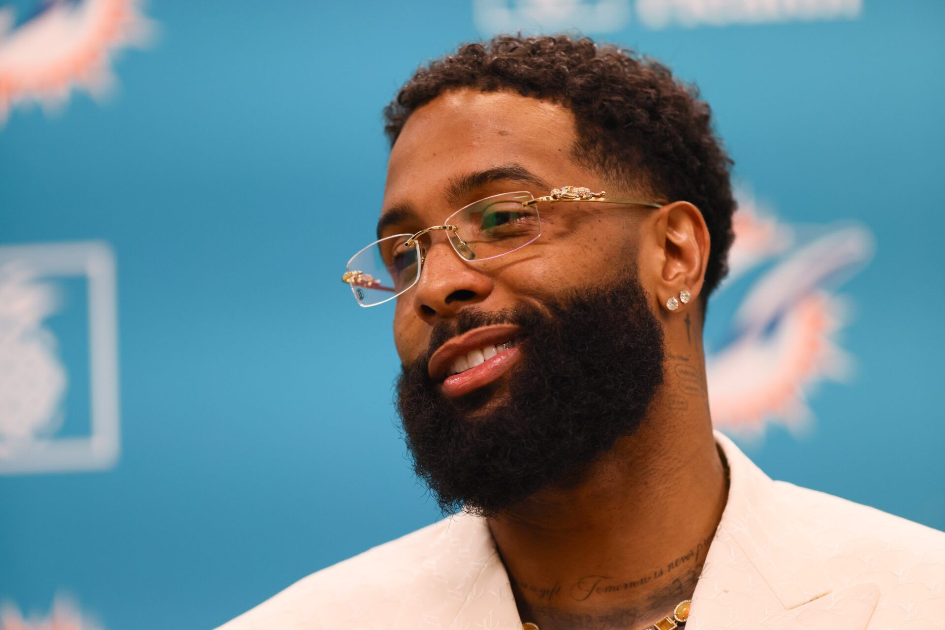 Miami Dolphins wide receiver Odell Beckham Jr. speaks to the media during an introductory press conference at Baptist Health Training Complex.