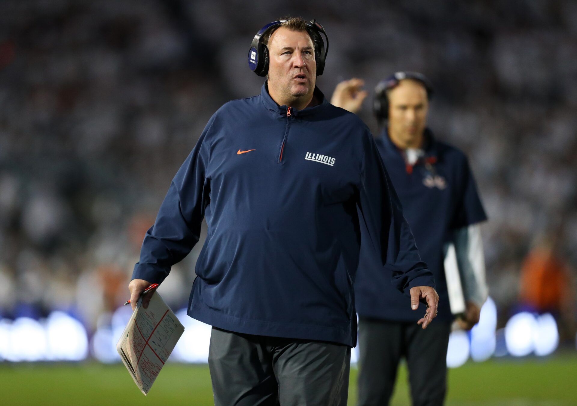 Illinois Fighting Illini head coach Bret Bielema on the sideline during a timeout in the second quarter against the Penn State Nittany Lions at Beaver Stadium.