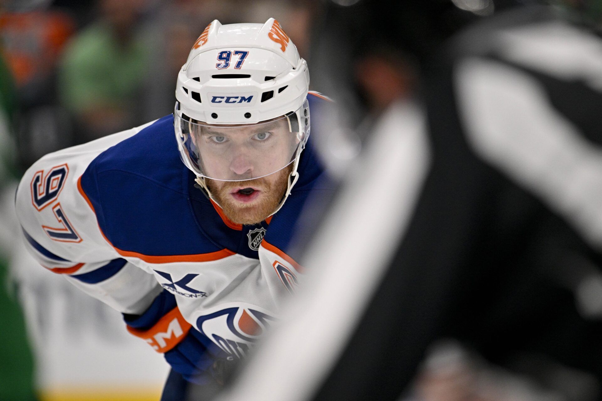 Edmonton Oilers center Connor McDavid (97) in action during the game between the Dallas Stars and the Edmonton Oilers in game one of the Western Conference Final of the 2025 Stanley Cup Playoffs at American Airlines Center.
