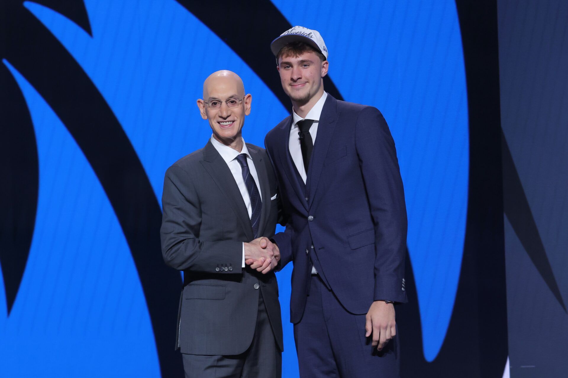 Cooper Flagg poses with NBA commissioner Adam Silver after being selected as first overall by the Dallas Mavericks in the first round of the 2025 NBA Draft at Barclays Center.