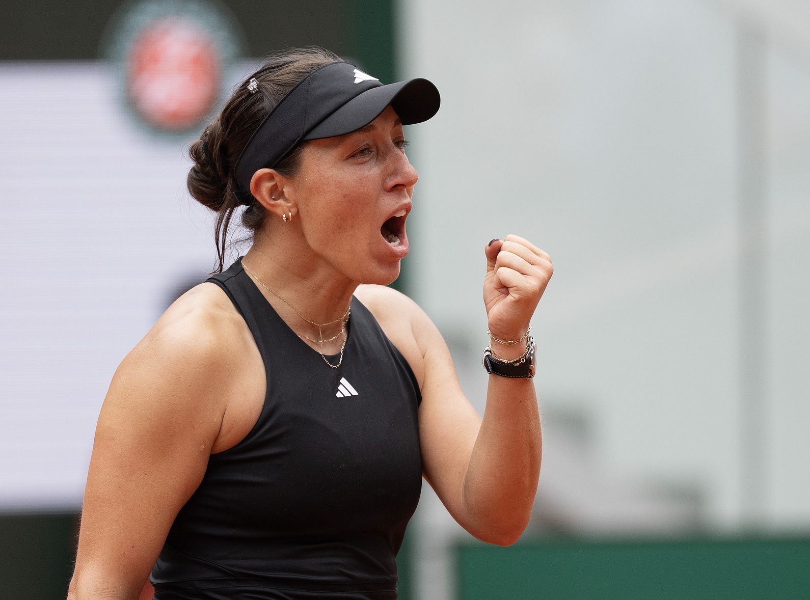 Jessica Pegula of the United States celebrates winning her match against Marketa Vondrousova of the Czech Republic on day seven at Roland Garros Stadium.