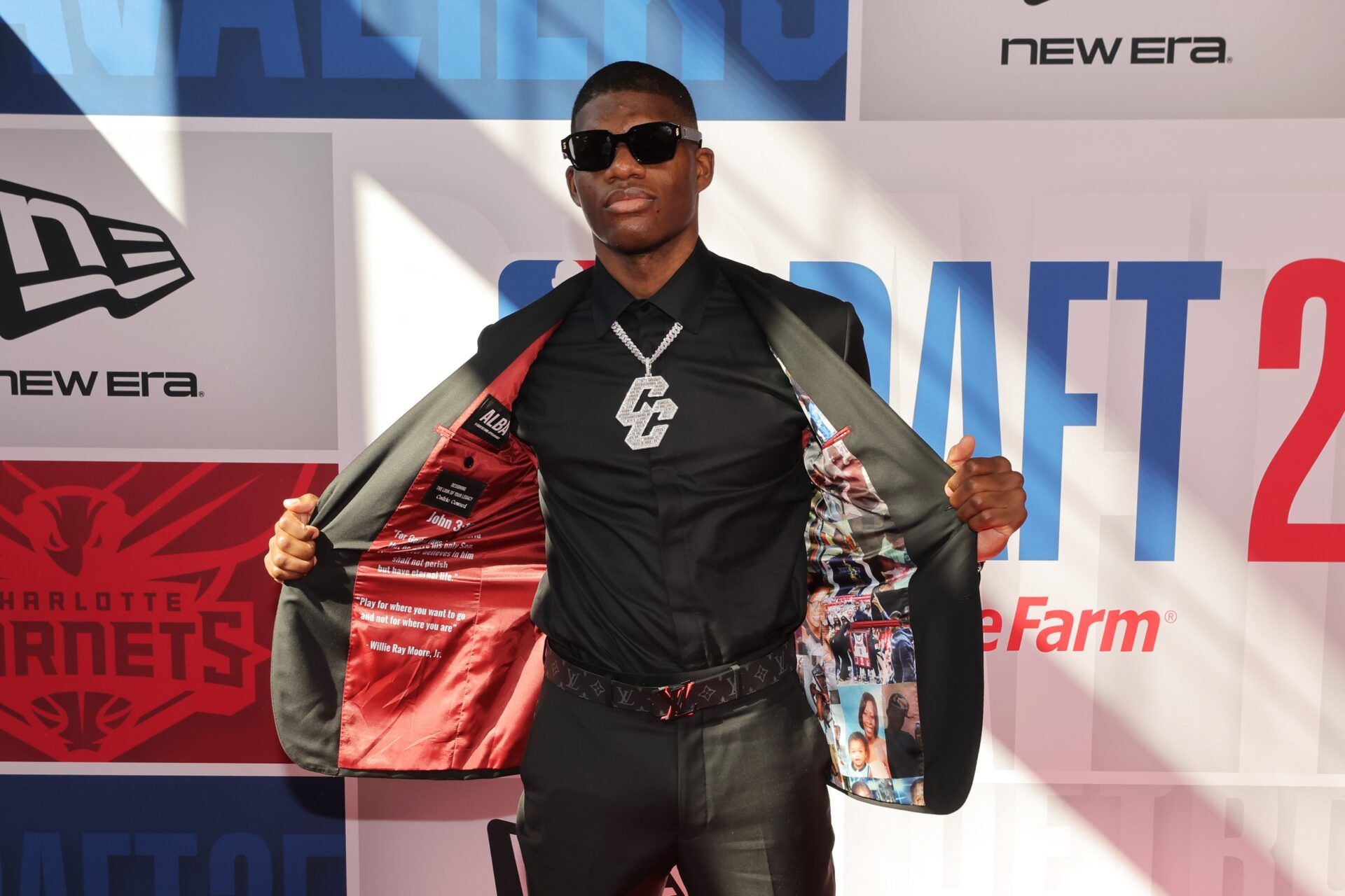 Cedric Coward arrives before the first round of the 2025 NBA Draft at Barclays Center.