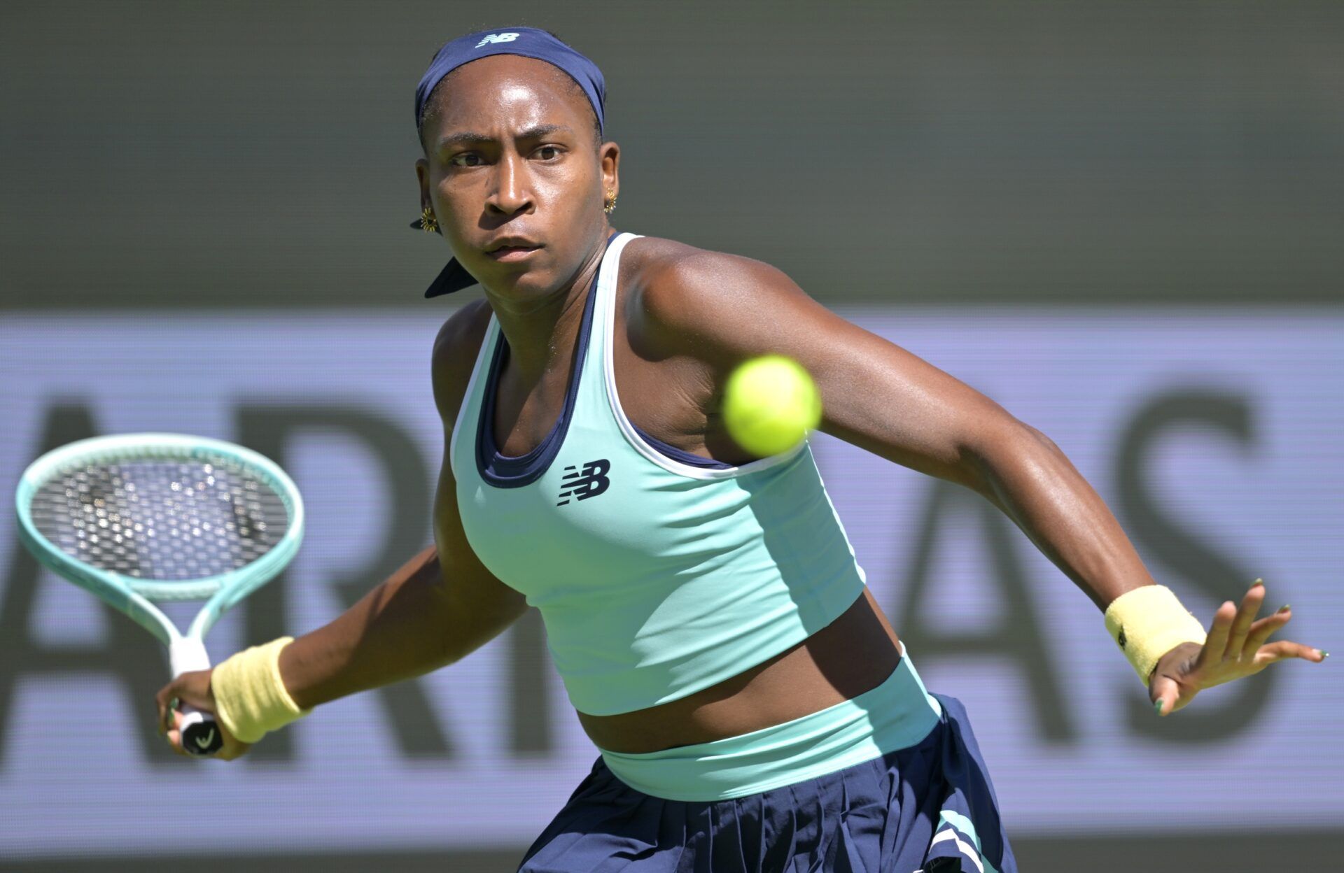 Coco Gauff (USA) hits a shot as she defeated Maria Sakkari (not pictured) in the third round of the BNP Paribas Open at the Indian Well Tennis Garden.