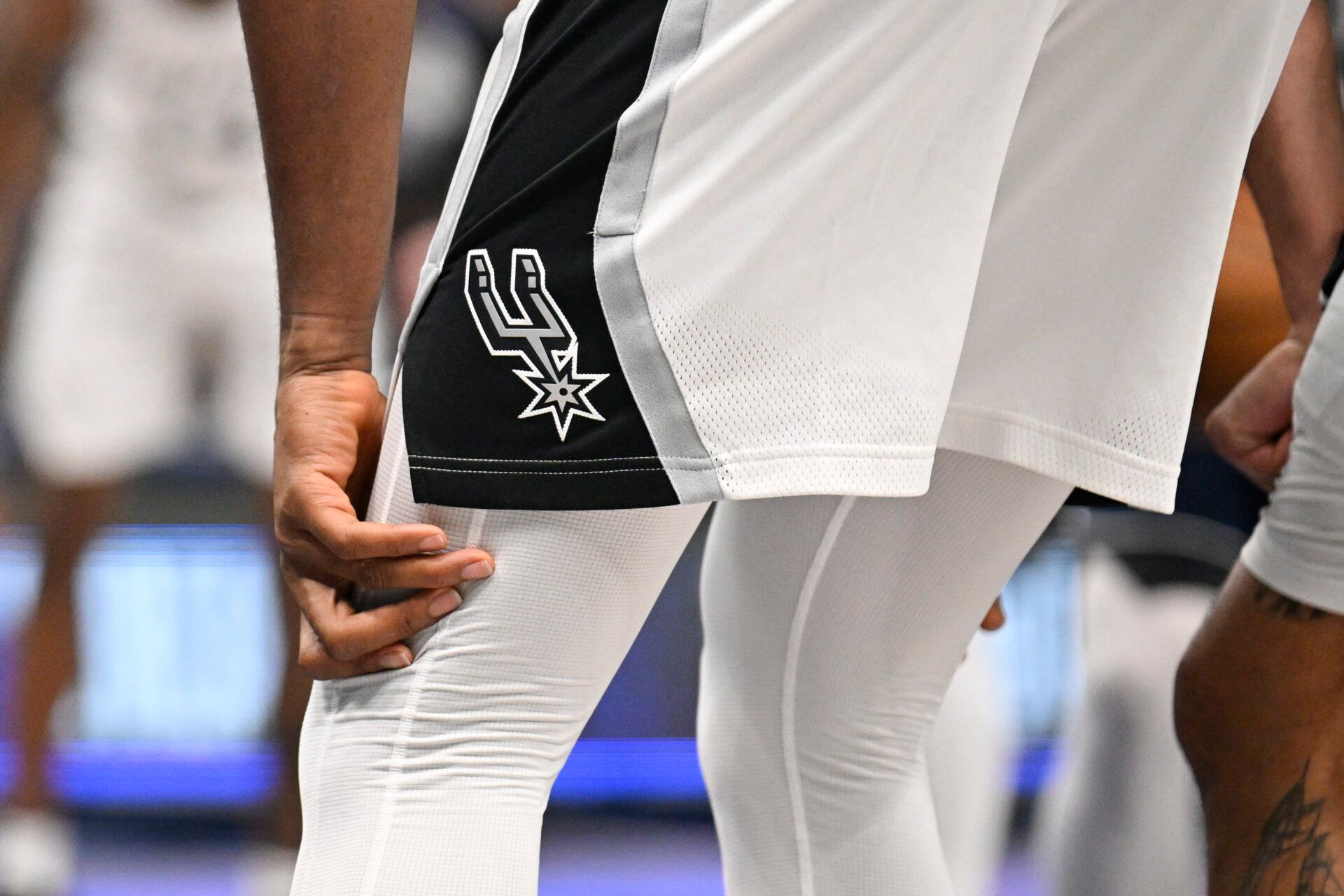 A view of the San Antonio Spurs logo during the game between the Dallas Mavericks and the San Antonio Spurs at the American Airlines Center.
