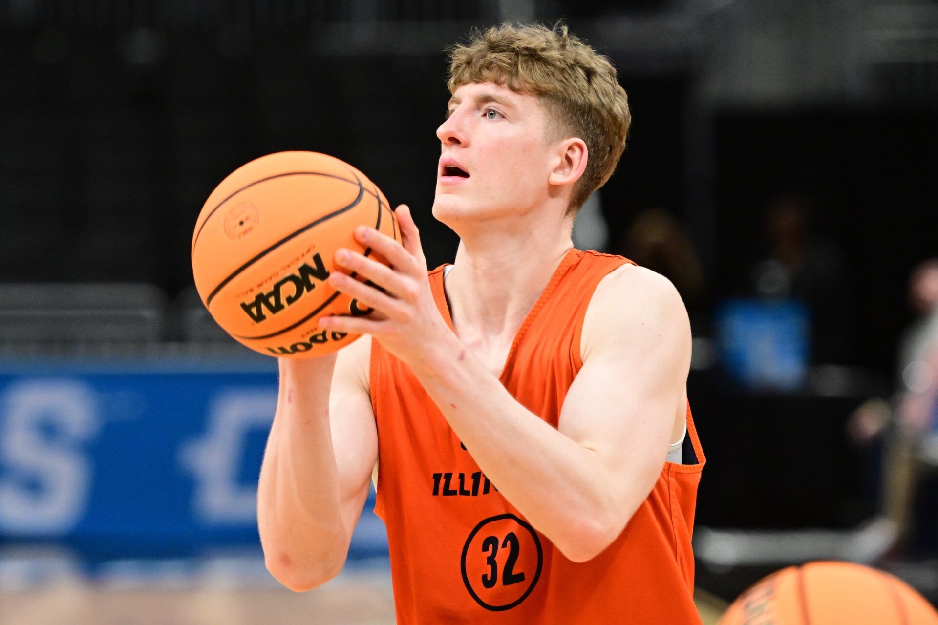 Illinois Fighting Illini guard Kasparas Jakucionis (32) shoots the ball during NCAA Tournament First Round Practice at Fiserv Forum.