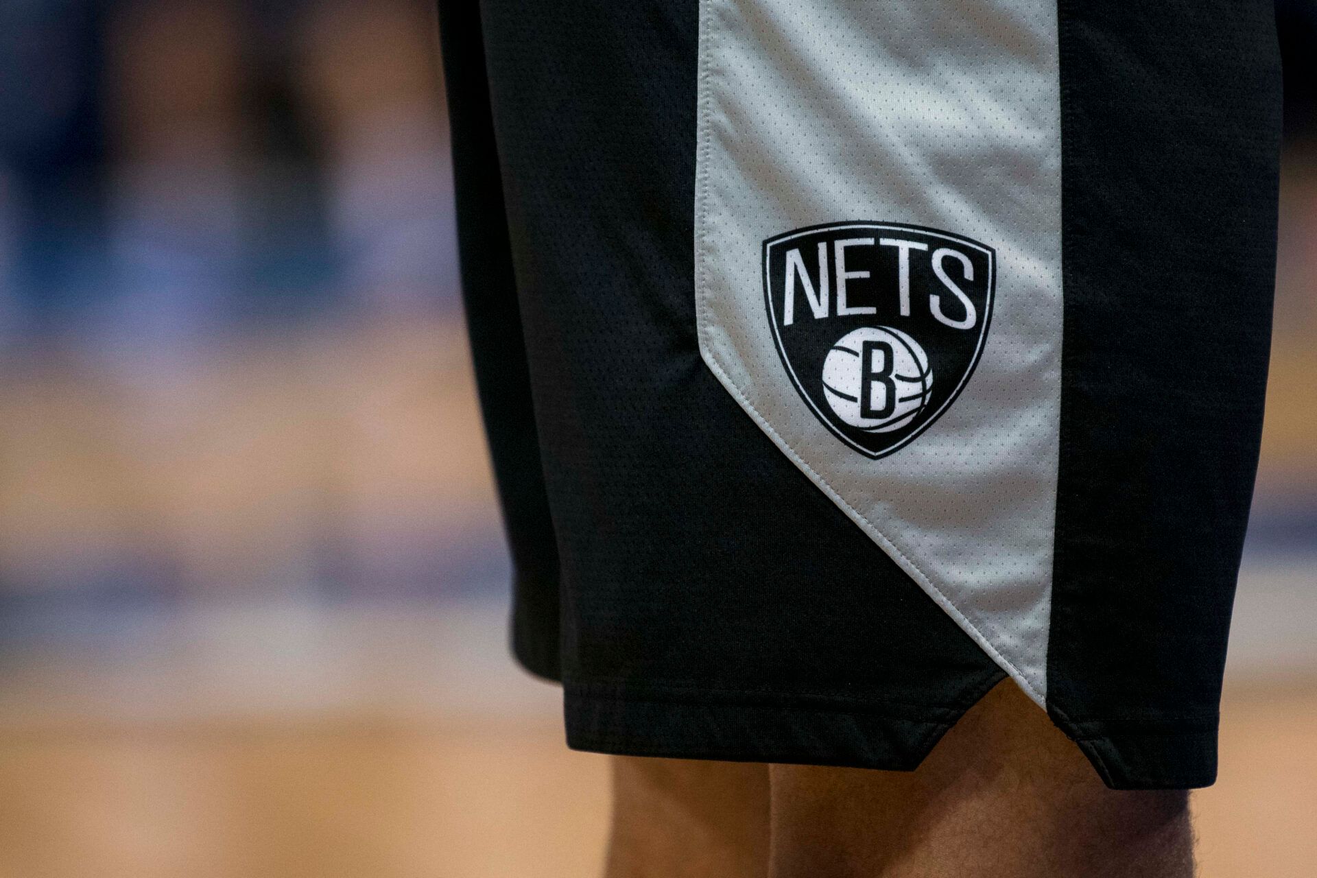 A view of the team logo on the shorts of Brooklyn Nets forward Jared Dudley (6) as he warms up before the game against the Dallas Mavericks at the American Airlines Center.
