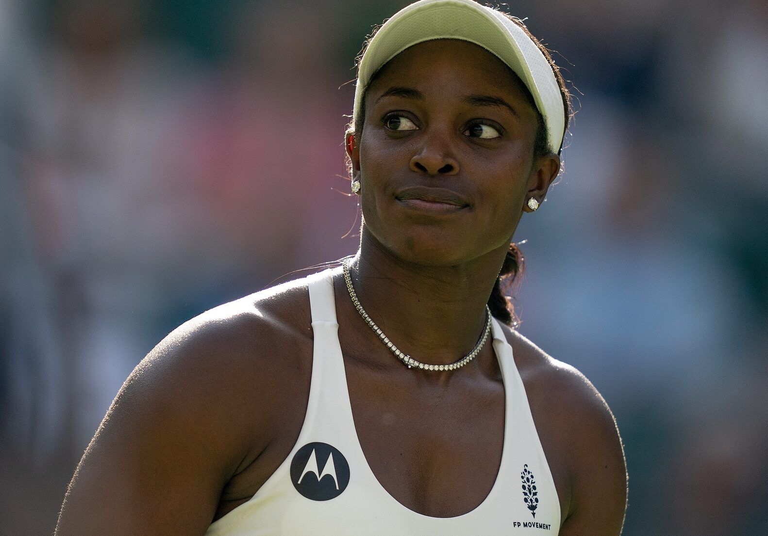 Sloane Stephens (USA) reacts to a point during her match against Donna Vekic (CRO) on day four at the All England Lawn Tennis and Croquet Club.