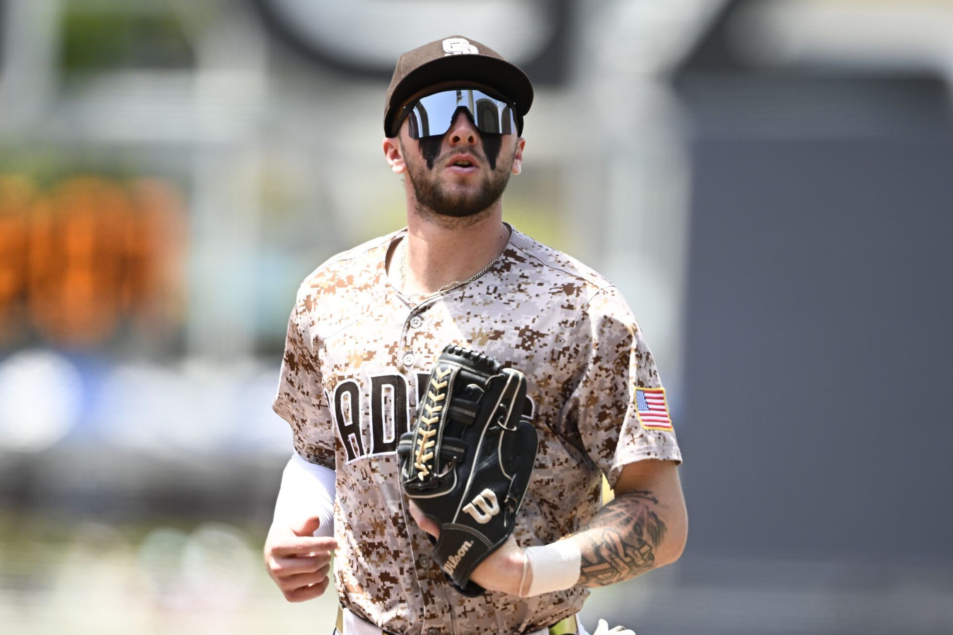 San Diego Padres outfielder Jackson Merrill (3) comes off the field during the third inning against the Kansas City Royals at Petco Park.