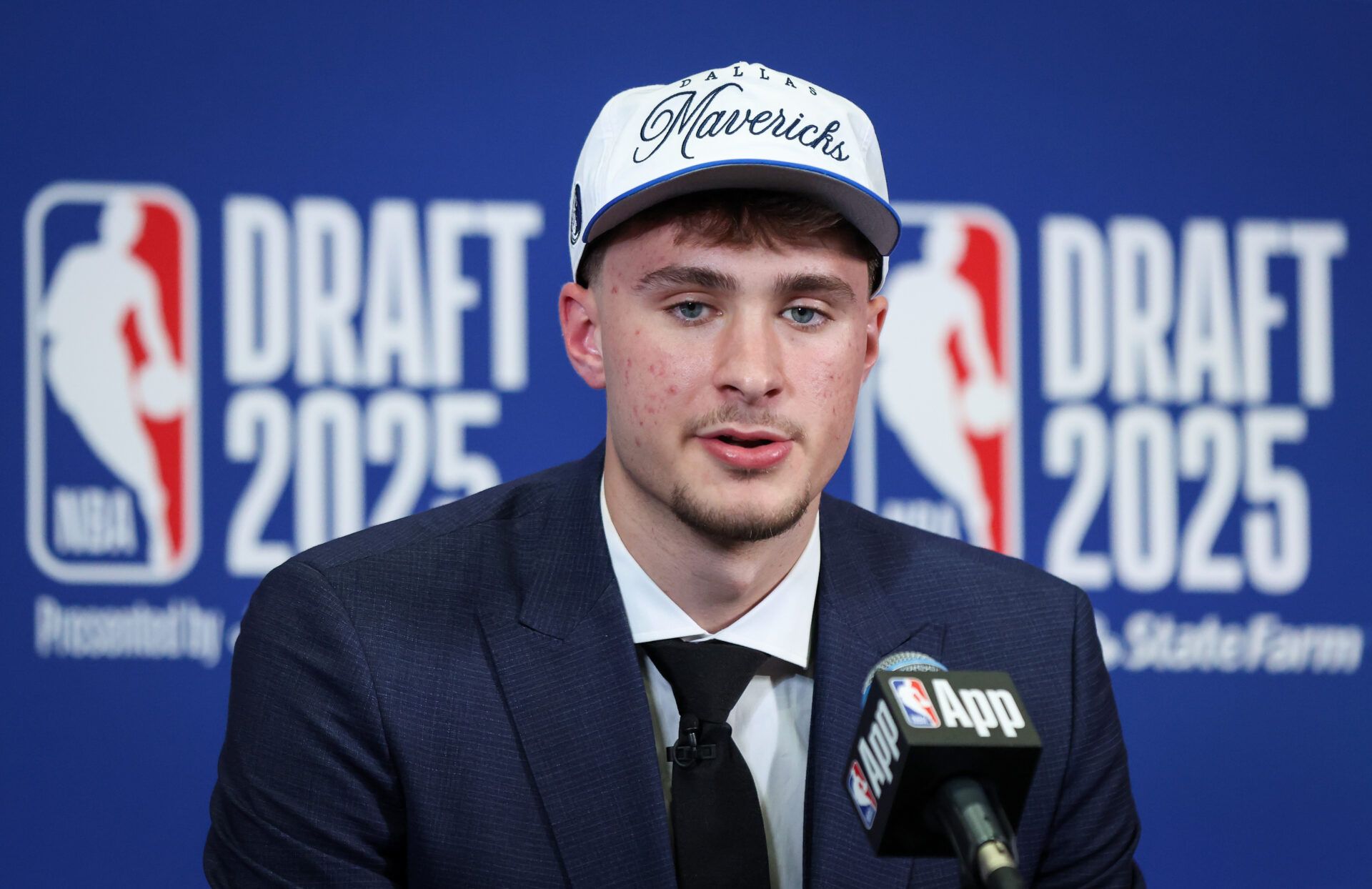 NEW YORK, NEW YORK - JUNE 25: Cooper Flagg of the Dallas Mavericks speaks to the media after being drafted first overall during the 2025 NBA Draft at Barclays Center on June 25, 2025 in the Brooklyn borough of New York City.  NOTE TO USER: User expressly acknowledges and agrees that, by downloading and or using this photograph, User is consenting to the terms and conditions of the Getty Images License Agreement. (Photo by Mike Lawrie/Getty Images)