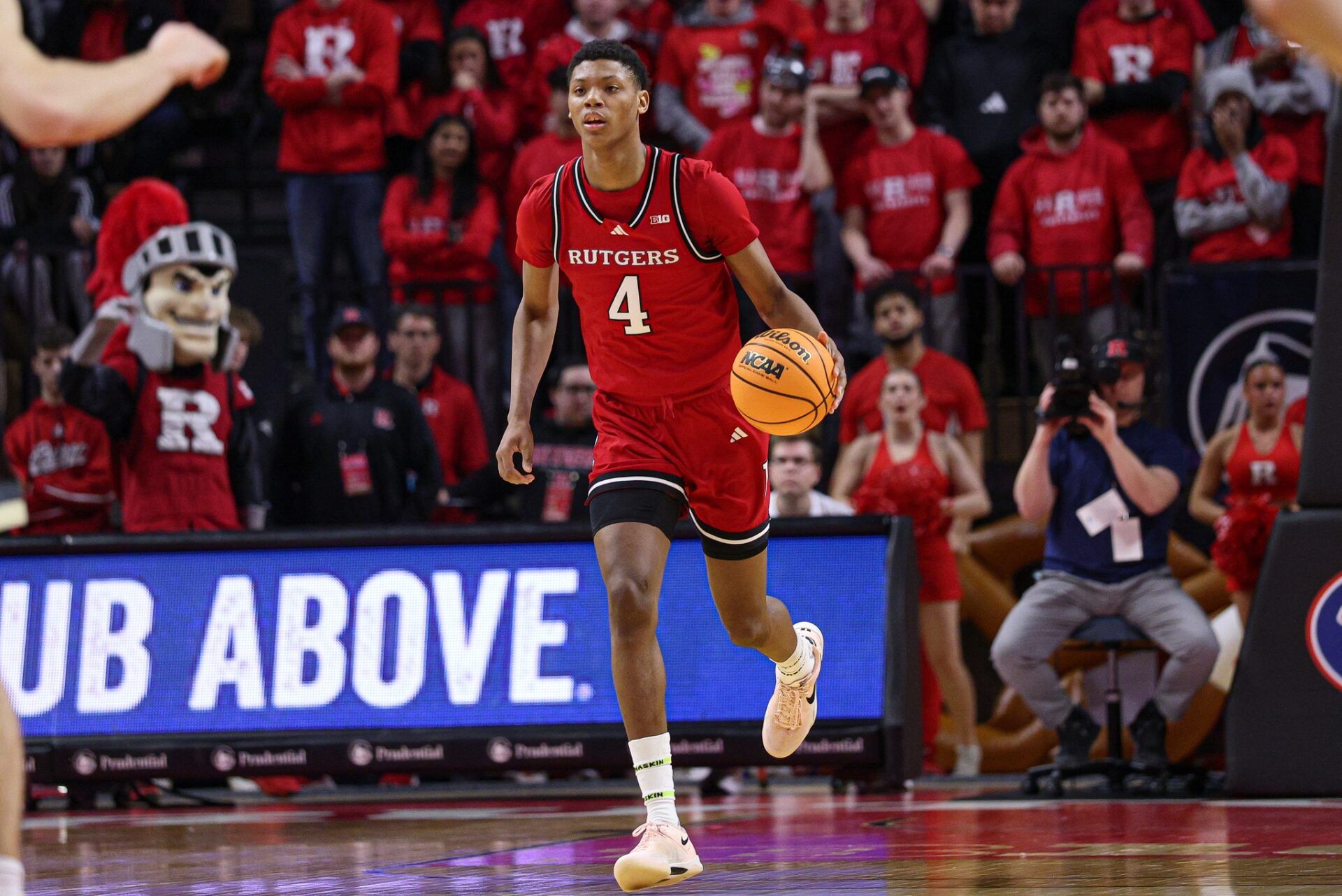 Rutgers Scarlet Knights guard Ace Bailey (4) dribbles up court during the second half against the Purdue Boilermakers at Jersey Mike's Arena.