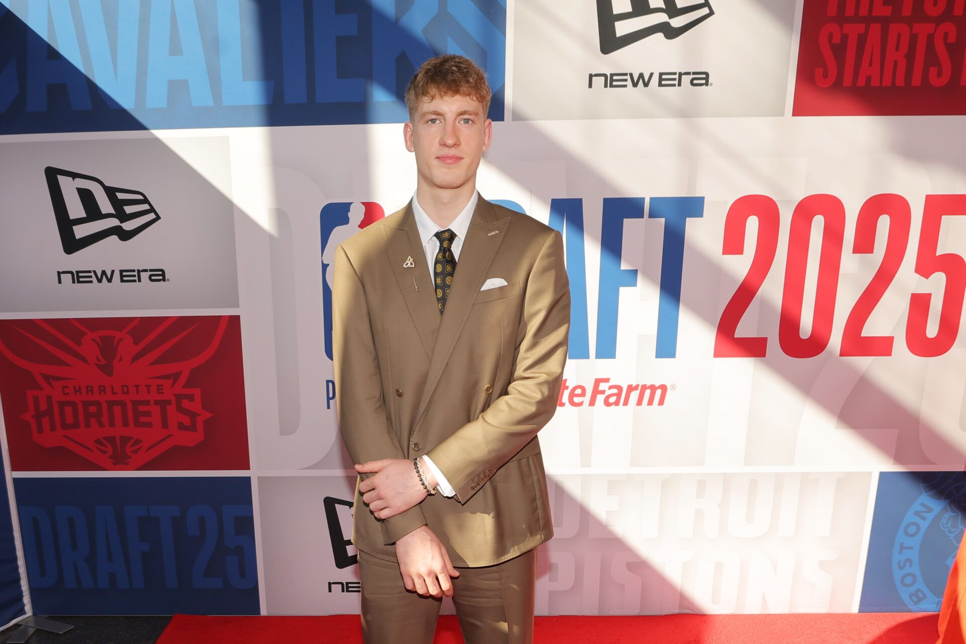 Kasparas Jakucionis arrives before the first round of the 2025 NBA Draft at Barclays Center.