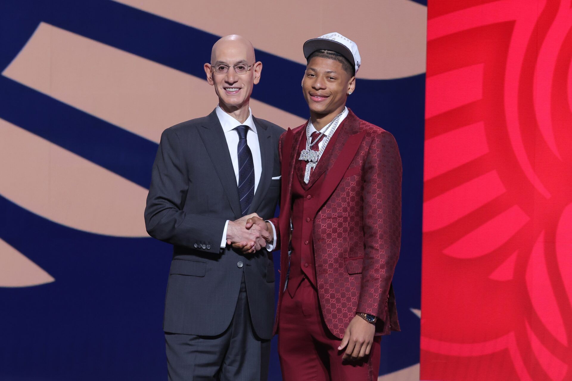 Jeremiah Fears stands with NBA commissioner Adam Silver after being selected as the seventh pick by the New Orleans Pelicans in the first round of the 2025 NBA Draft at Barclays Center.