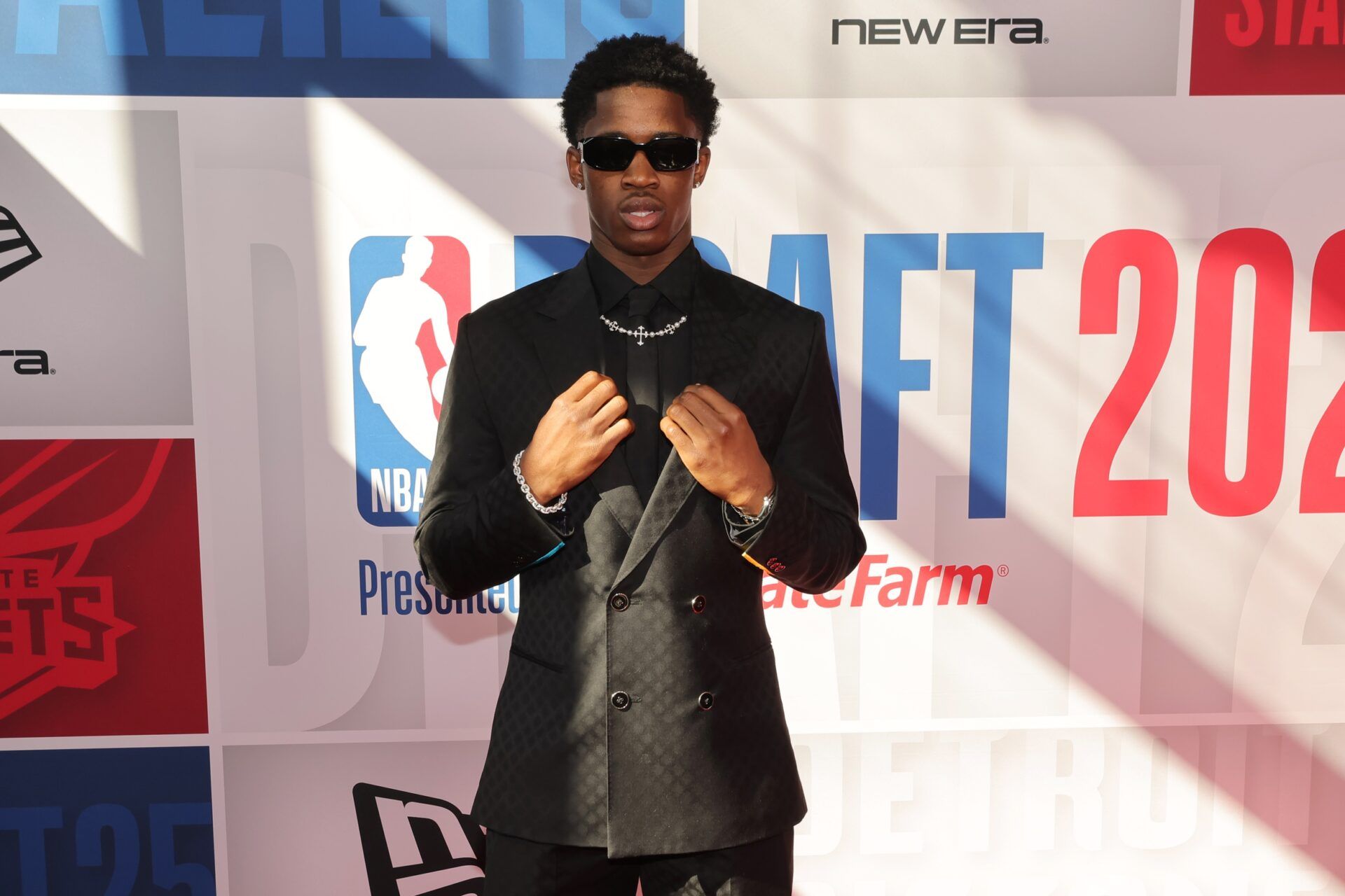 VJ Edgecombe arrives before the first round of the 2025 NBA Draft at Barclays Center.