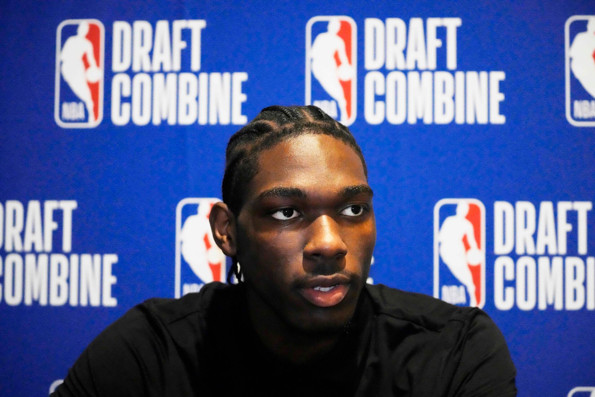 Rasheer Fleming talks to the media during the 2025 NBA Draft Combine at Marriott Marquis Chicago.