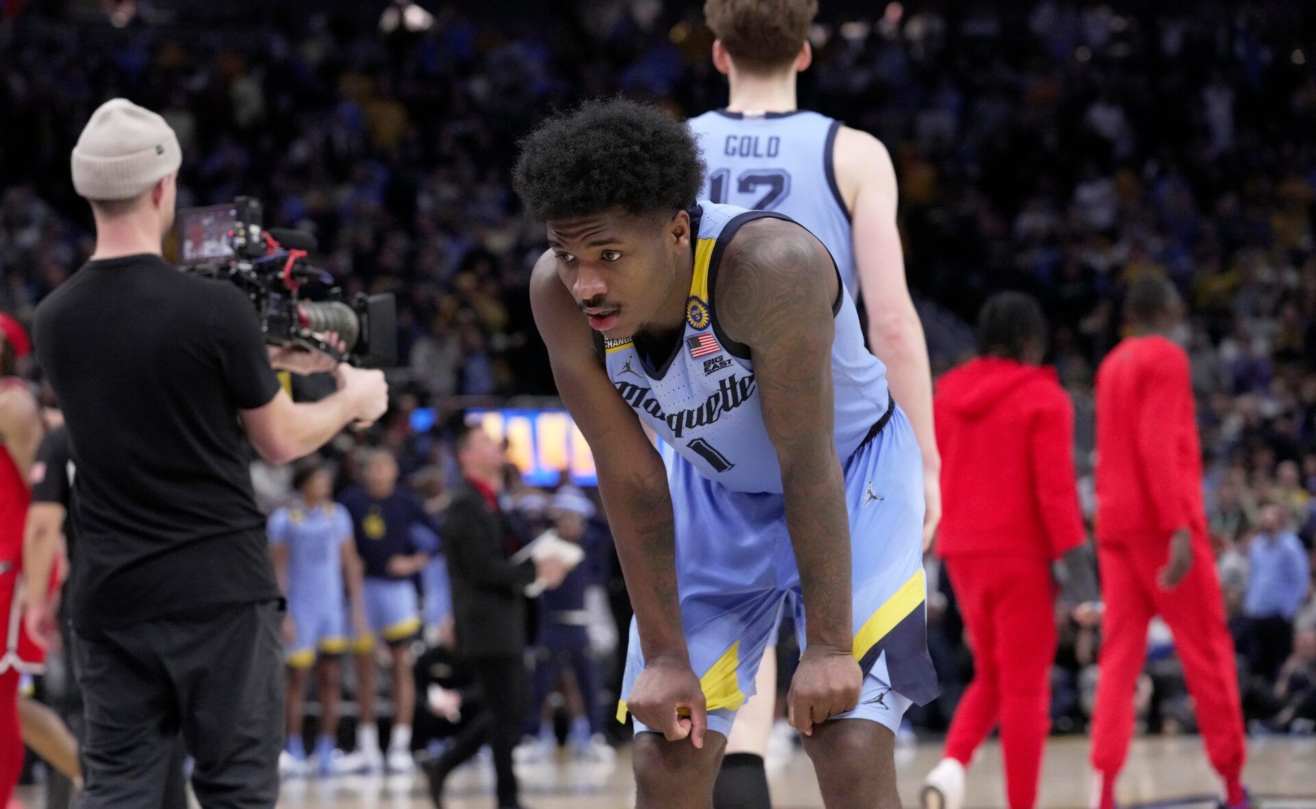 Marquette guard Kam Jones (1) is shown after St. John’s made a basket as time expires during overtime of their game Saturday, March 8, 2025 at Fiserv Forum in Milwaukee, Wisconsin. St. John’s beat Marquette 86-84 in overtime.Mark Hoffman/Milwaukee Journal Sentinel