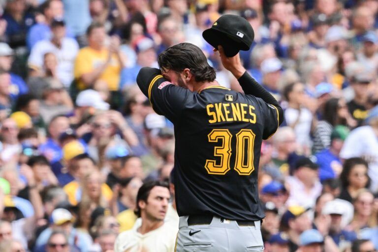 Pittsburgh Pirates starting pitcher Paul Skenes reacts after giving up a run in the second inning against the Milwaukee Brewers at American Family Field.