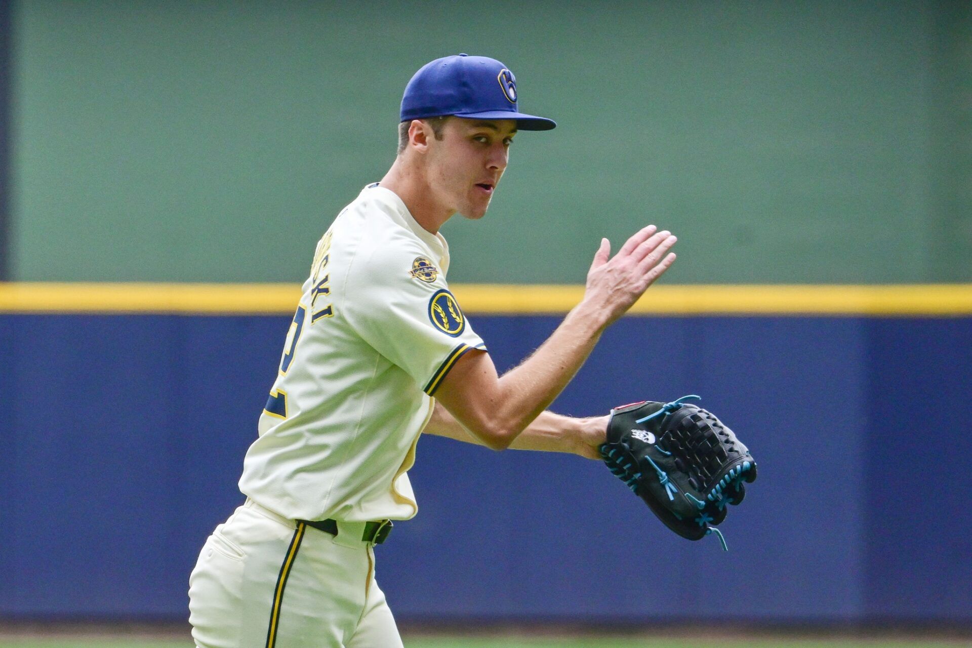 Milwaukee Brewers starting pitcher Jacob Misiorowski (32) reacts after pitching five scoreless innings against the Pittsburgh Pirates at American Family Field.