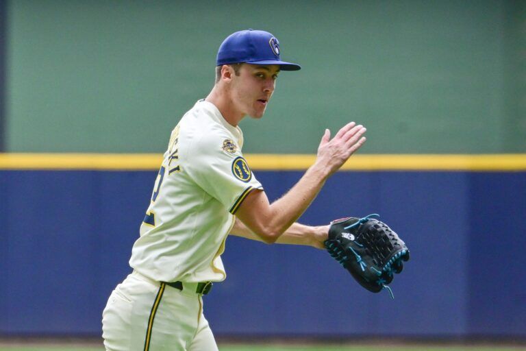 Milwaukee Brewers starting pitcher Jacob Misiorowski (32) reacts after pitching five scoreless innings against the Pittsburgh Pirates at American Family Field.
