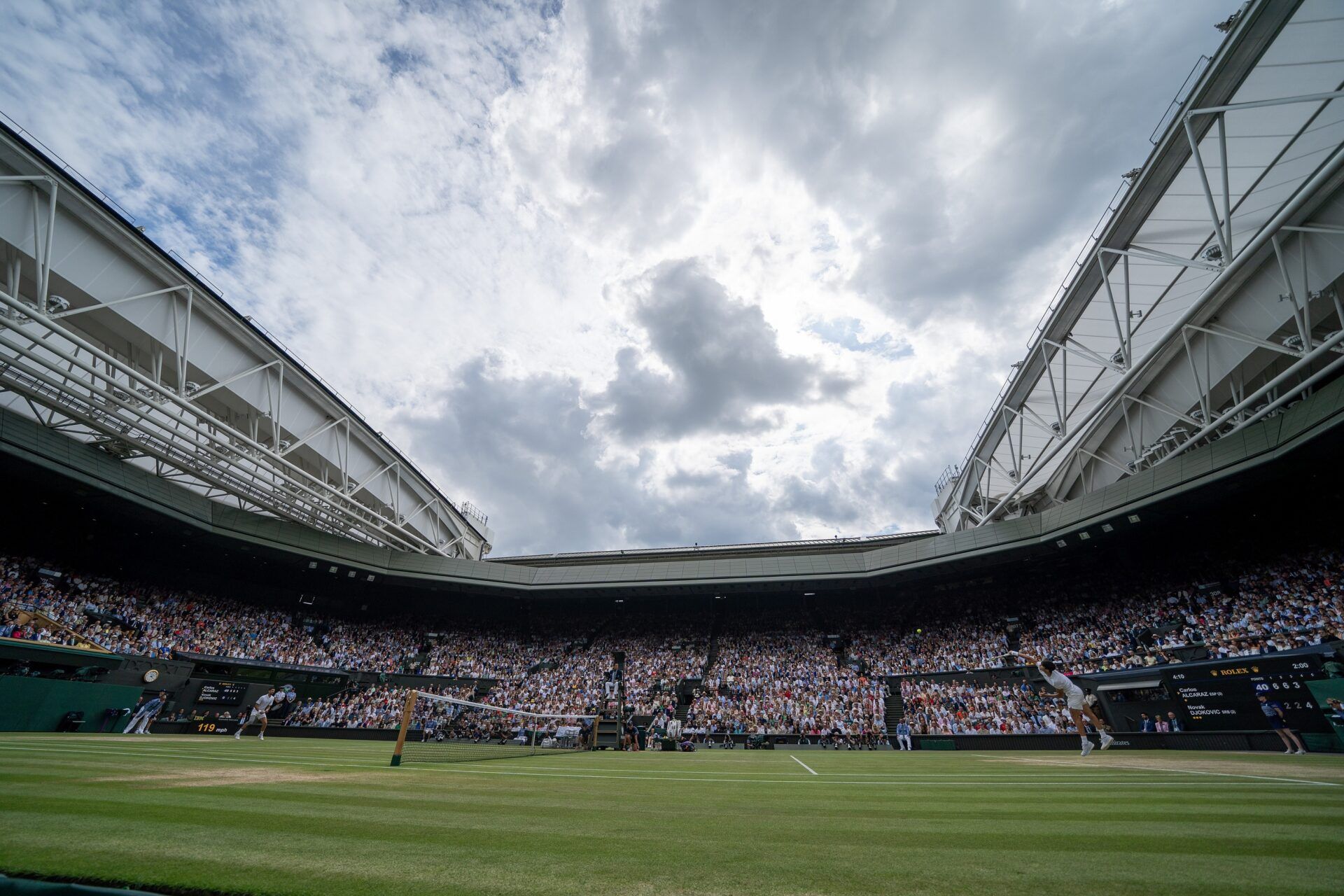 General view of Centre Court during the Carlos Alcaraz of Spain and Novak Djokovic of Serbia menÕs singles final on day 14 at All England Lawn Tennis and Croquet Club.