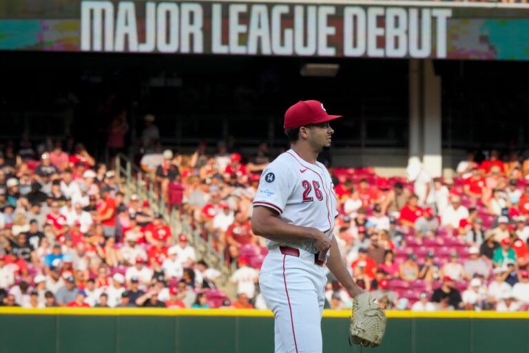 Cincinnati Reds pitcher Chase Burns (26) makes his MLB debut in the first inning of the MLB interleague game between the Cincinnati Reds and the New York Yankees at Great American Ball Park in downtown Cincinnati on Tuesday, June 24, 2025.