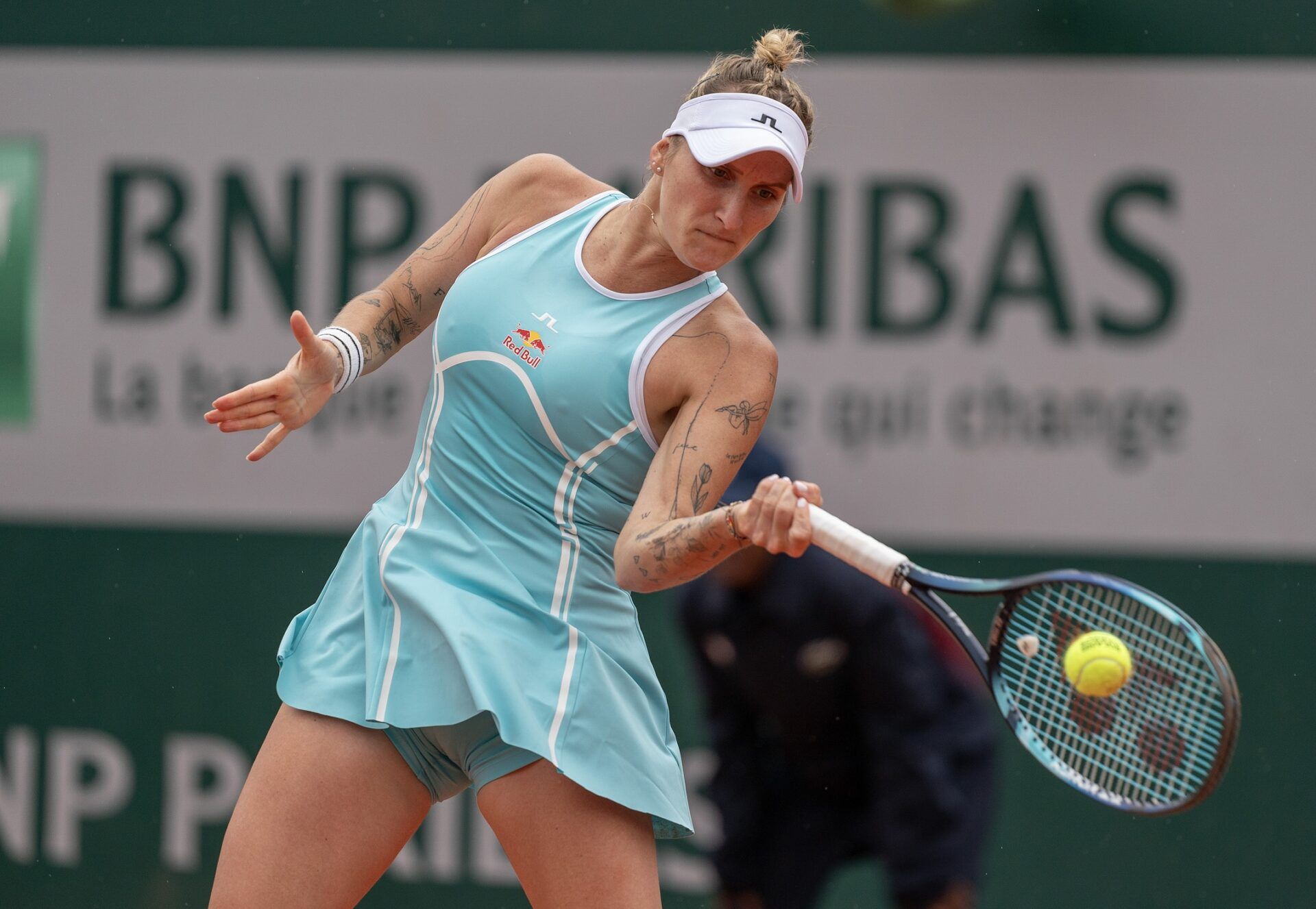 Marketa Vondrousova from the Czech Republic returns a shot during her match against Katie Volynets of the United States on day four of Roland Garros at Stade Roland Garros.