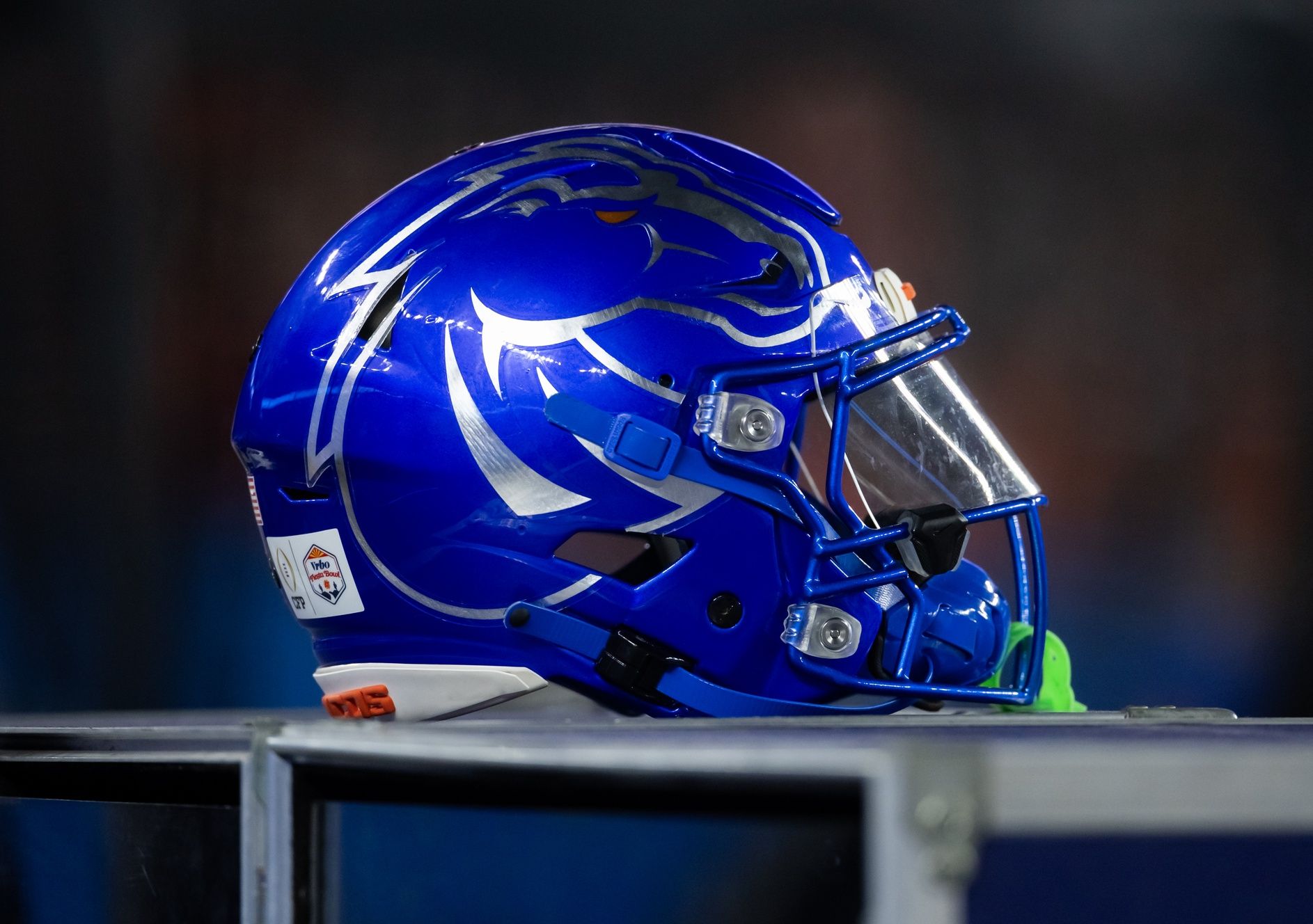 Detailed view of a Boise State Broncos helmet during the Fiesta Bowl at State Farm Stadium.