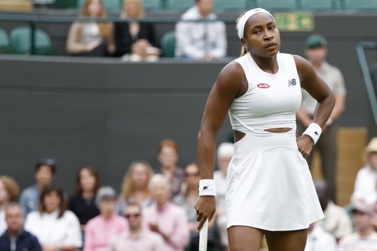 Coco Gauff (USA) reacts after missing a shot against Anca Todoni (ROU)(not pictured) in a ladies'' singles match on day three of The Championships Wimbledon 2024 at All England Lawn Tennis and Croquet Club.