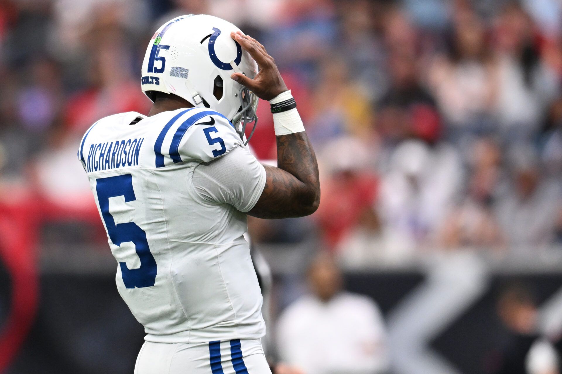 HOUSTON, TEXAS - OCTOBER 27: Anthony Richardson #5 of the Indianapolis Colts reacts during the third quarter against the Houston Texans at NRG Stadium on October 27, 2024 in Houston, Texas. (Photo by Jack Gorman/Getty Images)