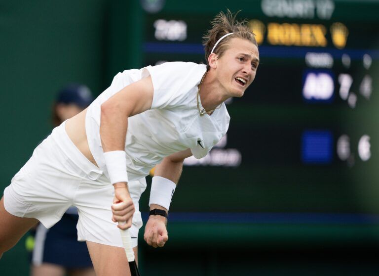 London, United Kingdom; Sebastian Korda (USA) serves against Jiri Vesely (CZE) on day three at the All England Lawn Tennis and Croquet Club.