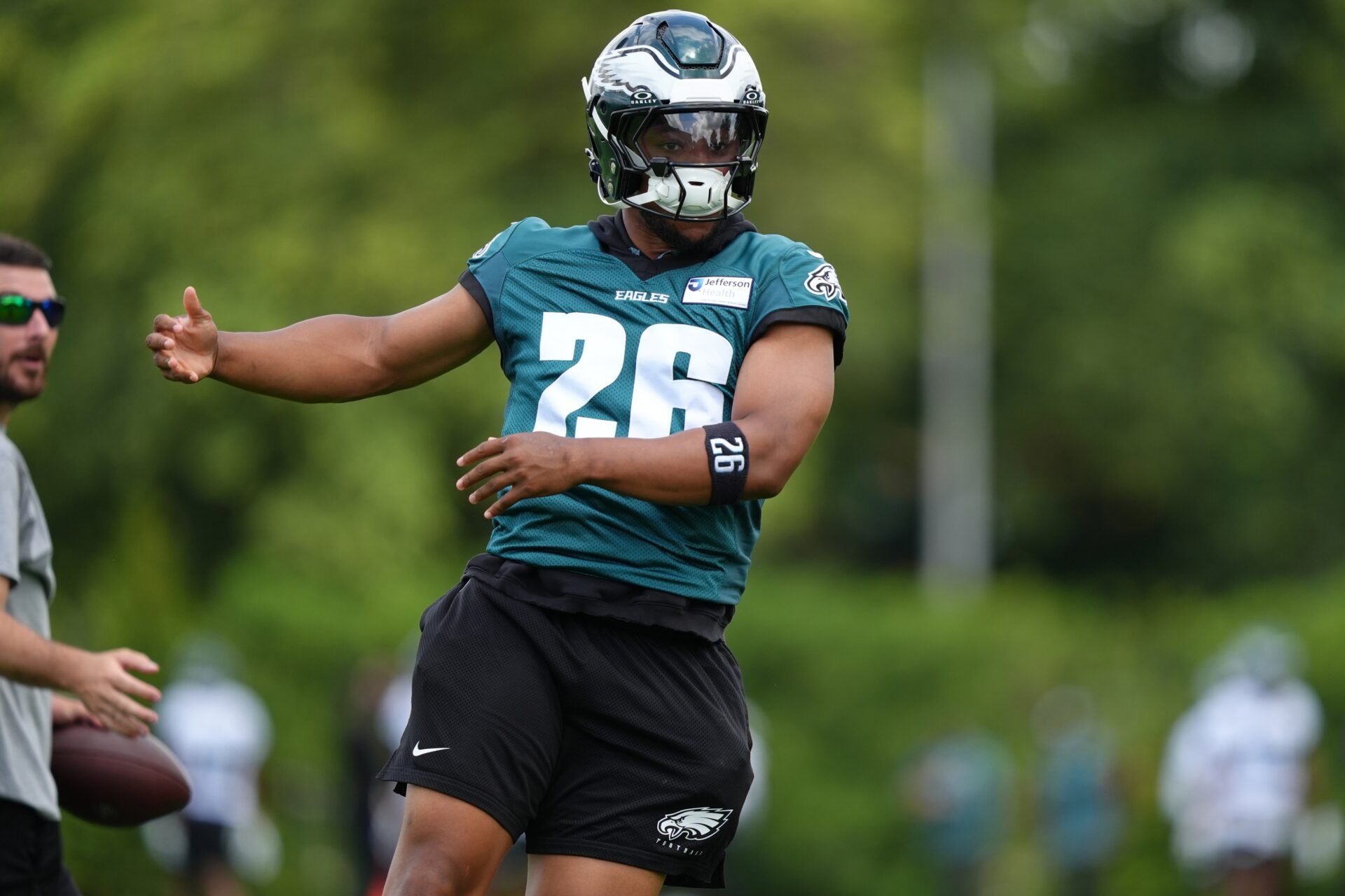 Philadelphia Eagles running back Saquon Barkley (26) reacts during a practice drill at NovaCare Complex.