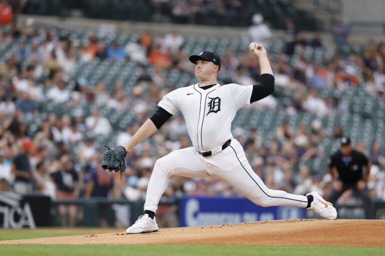 Detroit Tigers starting pitcher Tarik Skubal (29) pitches in the first inning against the Athletics at Comerica Park.