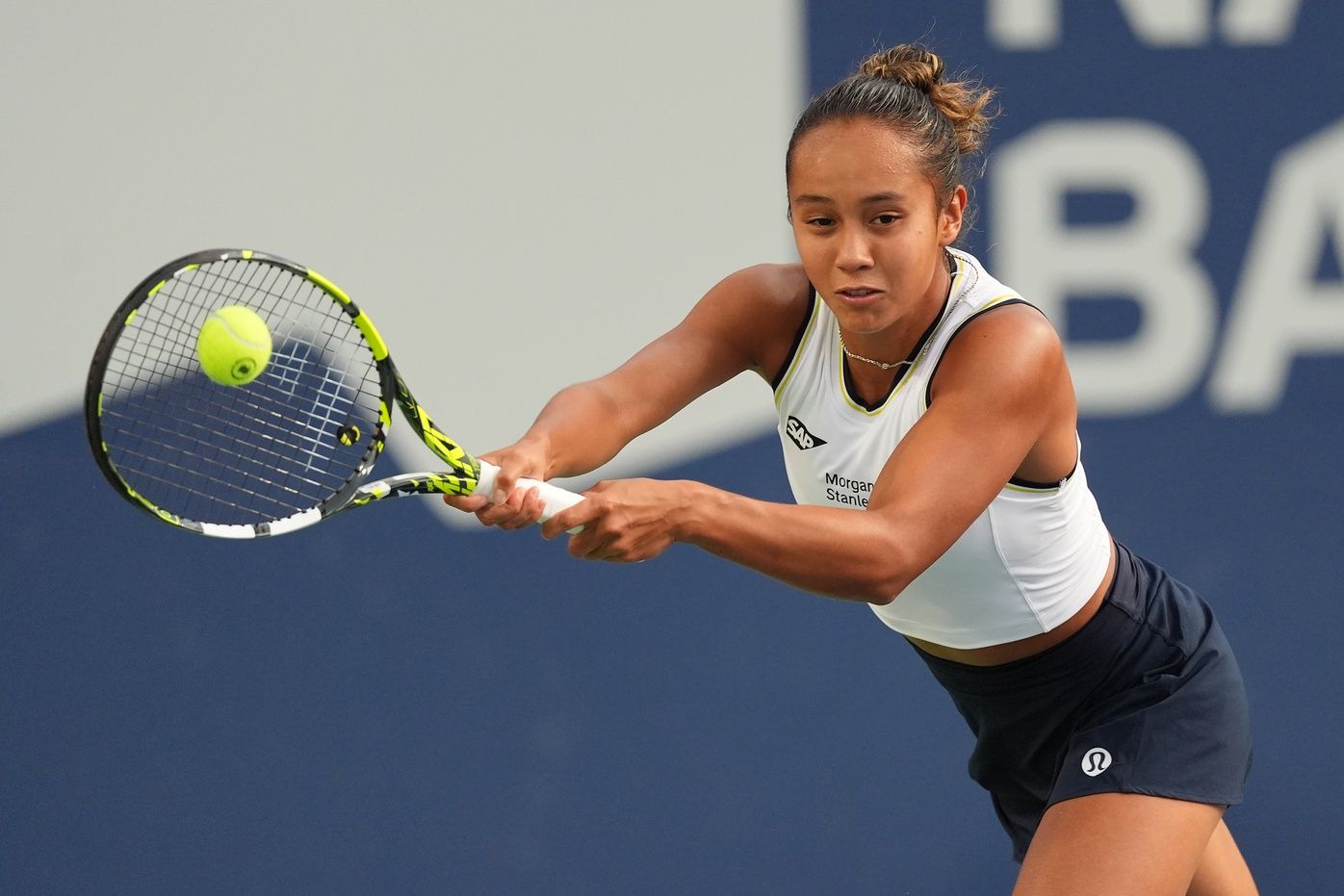 Leylah Fernandez (CAN) hits a ball to Nao Hibino (JPN) (not pictured)during first round play at Sobeys Stadium.