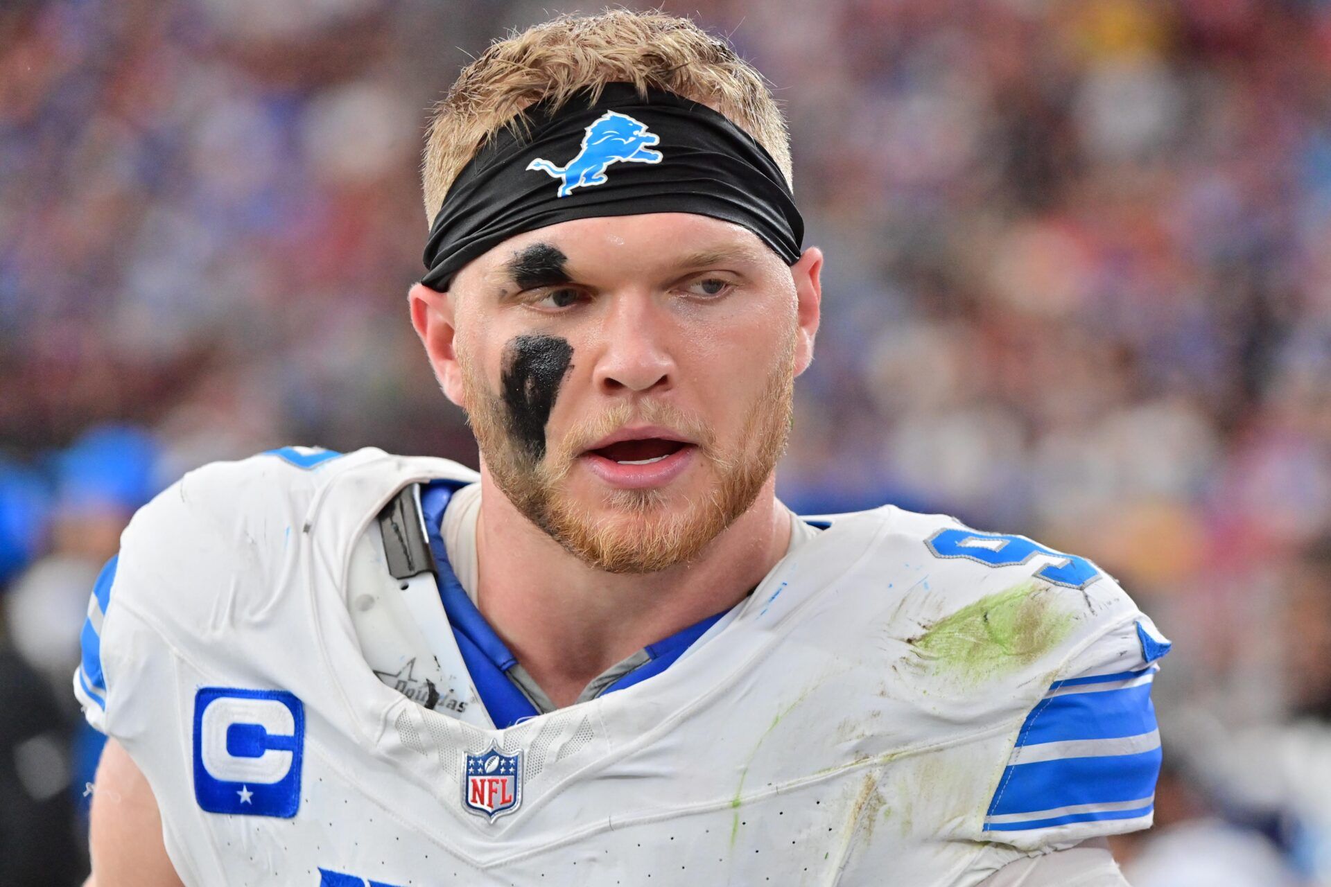 Detroit Lions defensive end Aidan Hutchinson (97) reacts in the second half against the Arizona Cardinals at State Farm Stadium.