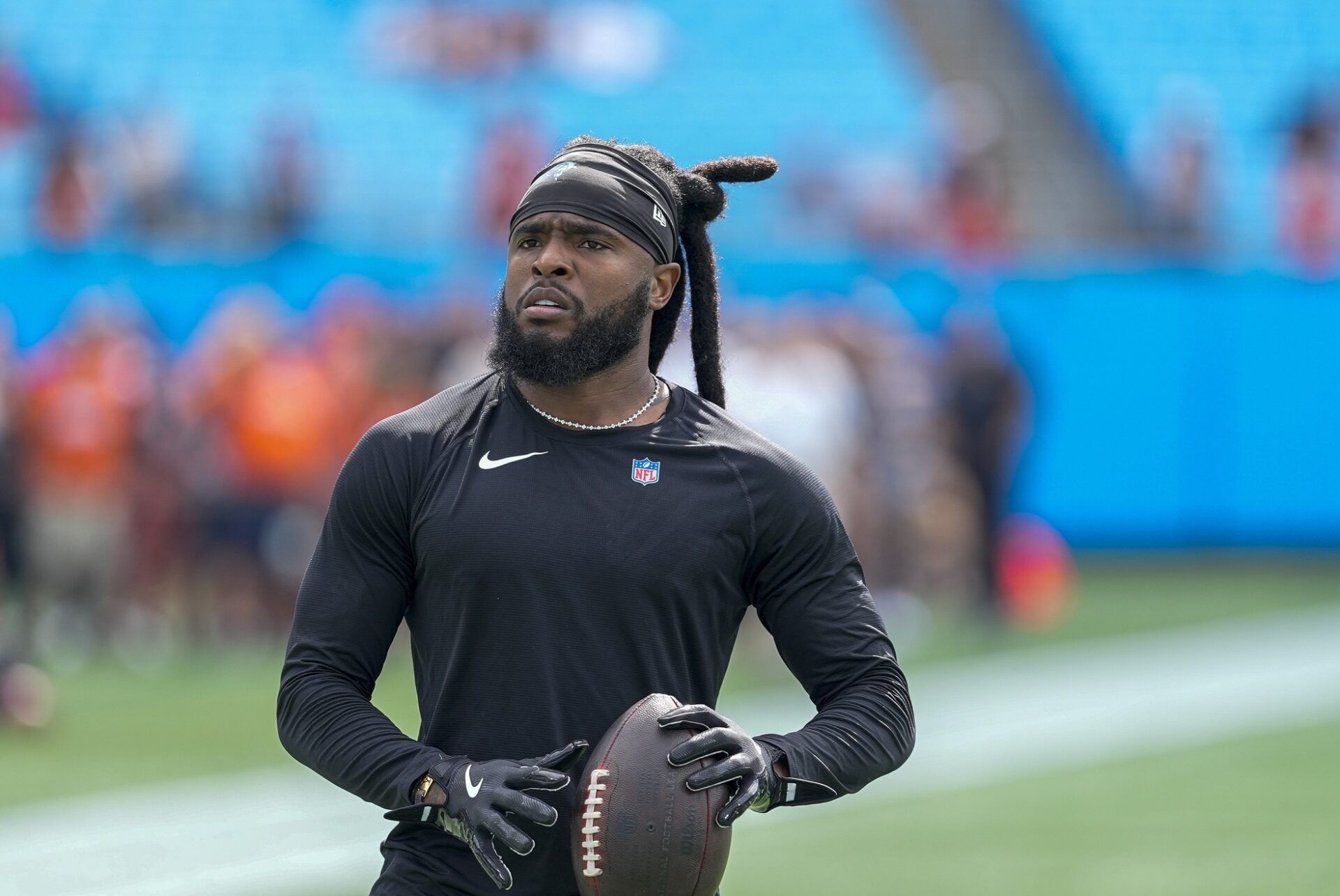 Carolina Panthers wide receiver Diontae Johnson (5) during pregame warm ups against the Cincinnati Bengals at Bank of America Stadium.