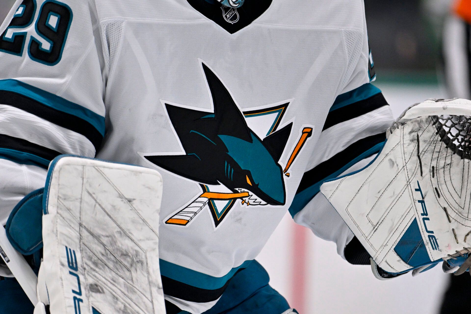A view of the logo on the jersey of San Jose Sharks goaltender Mackenzie Blackwood (29) during the game between the Dallas Stars and the San Jose Sharks at the American Airlines Center.