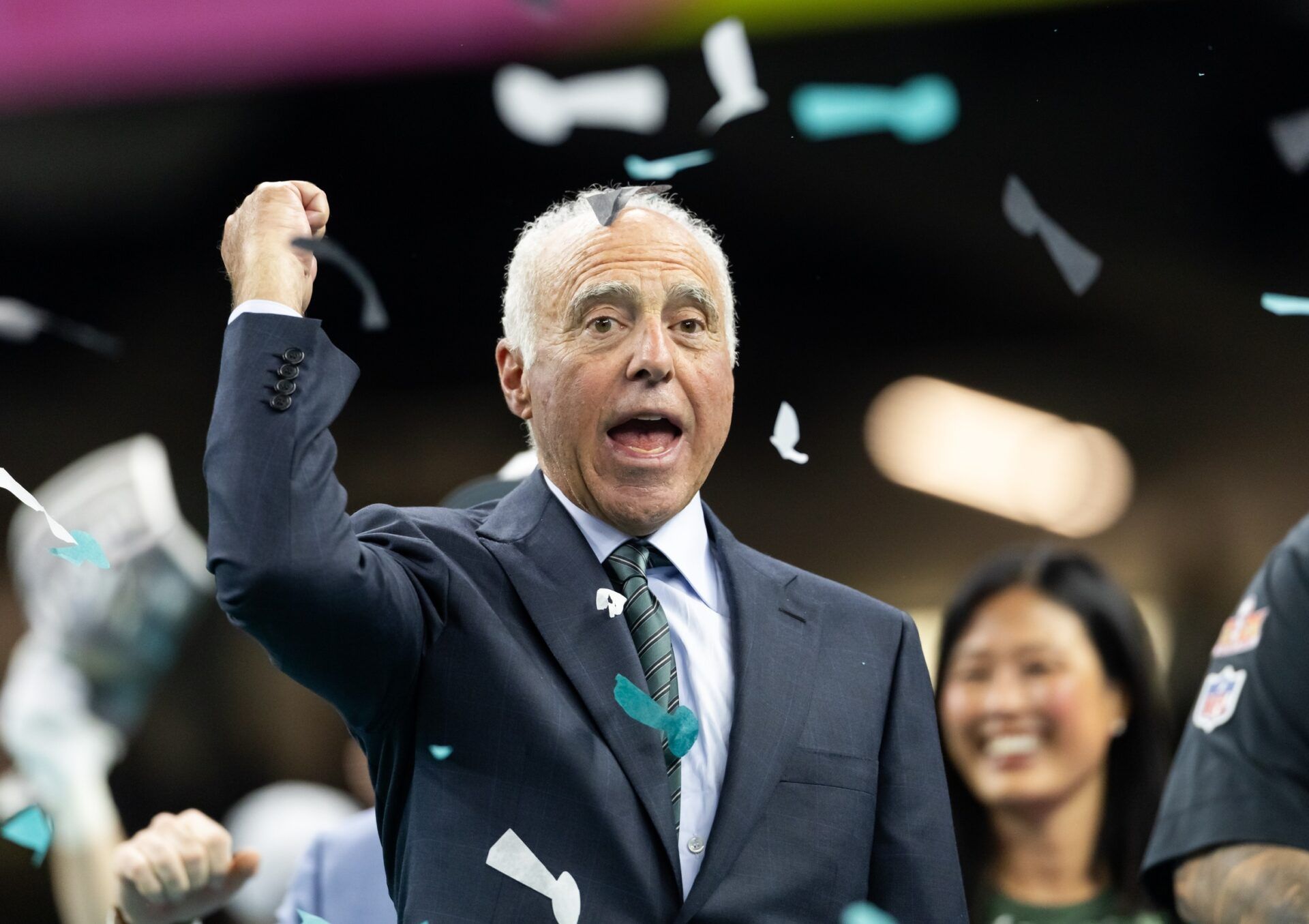 Philadelphia Eagles owner Jeffrey Lurie celebrates after defeating the Kansas City Chiefs in Super Bowl LIX at Ceasars Superdome.