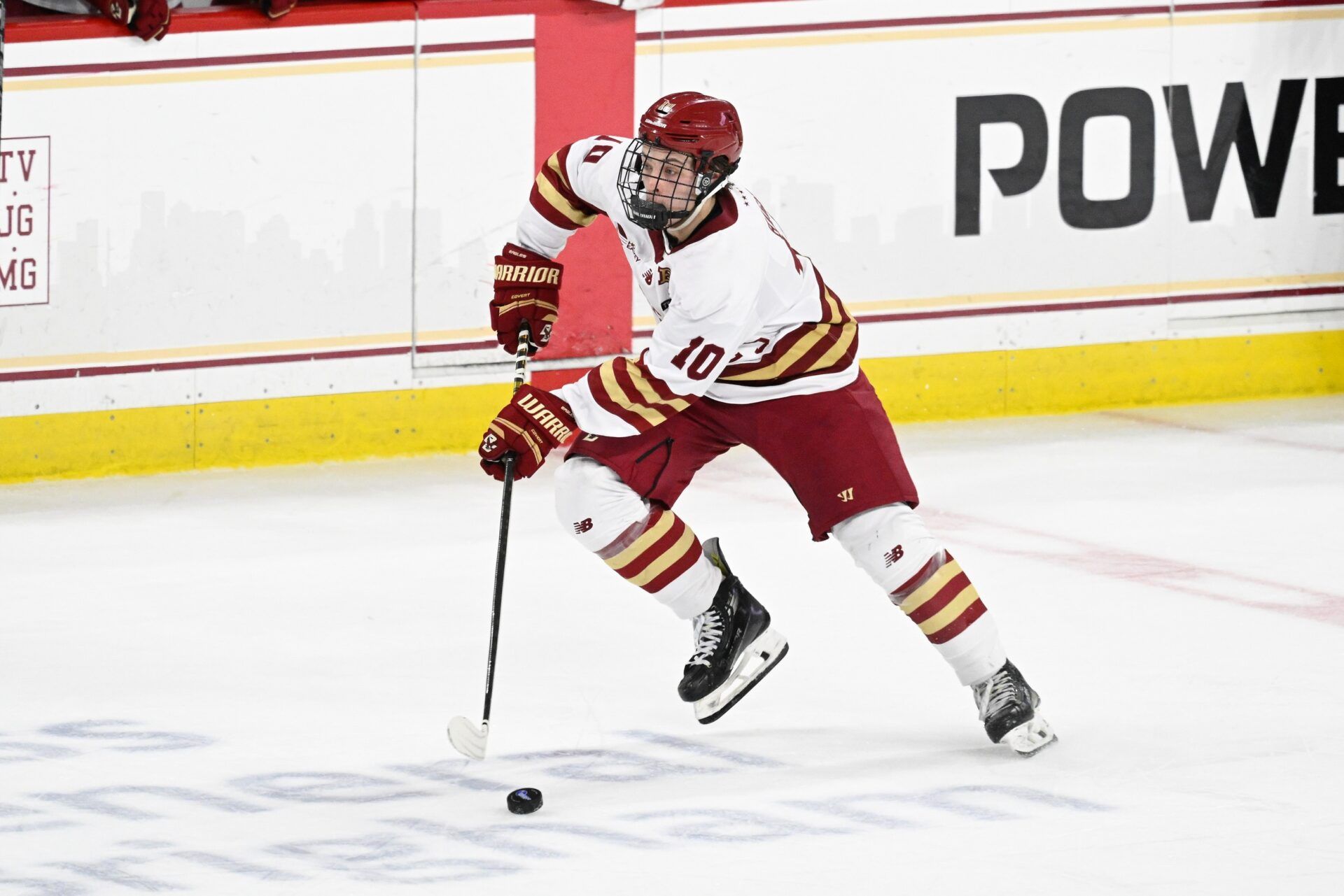 Boston College forward James Hagens (10) skates with the puck during the second period against the University of New Hampshire Wildcats at Conte Forum.
