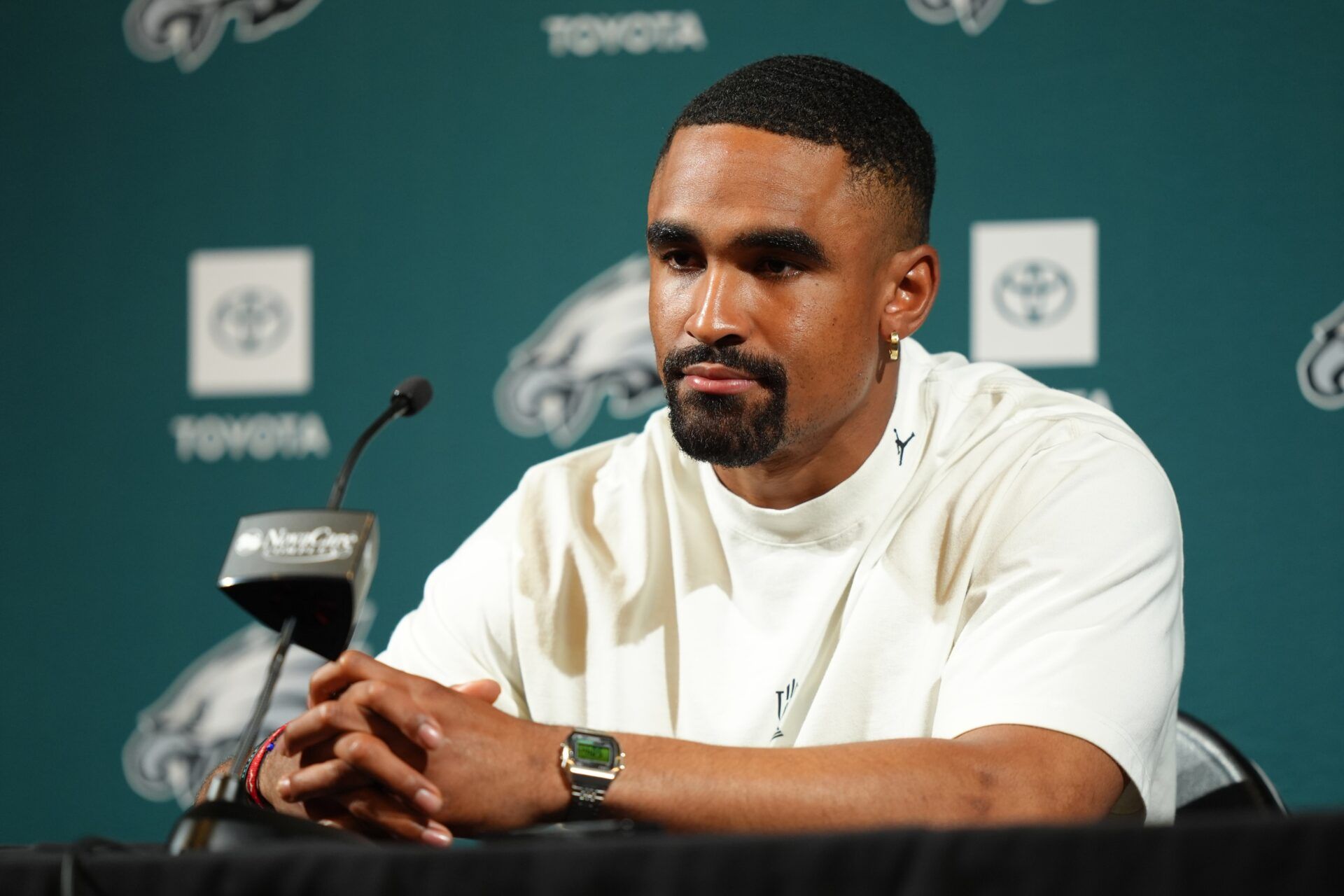 Philadelphia Eagles quarterback Jalen Hurts (1) addresses media during a press conference at NovaCare Complex.