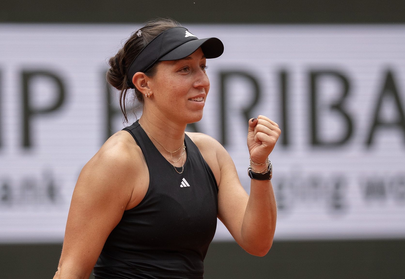 Jessica Pegula of the United States celebrates winning her match against Marketa Vondrousova of the Czech Republic on day seven at Roland Garros Stadium.