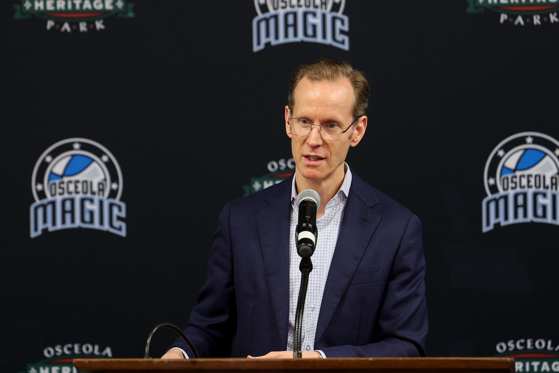 Orlando Magic president of basketball operations Jeff Weltman speaks during a press conference for the new Orlando Magic G-League stadium at Osceola Heritage Park.