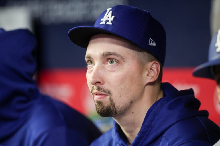 Los Angeles Dodgers starting pitcher Blake Snell (7) on the bench against the Atlanta Braves in the ninth inning at Truist Park.