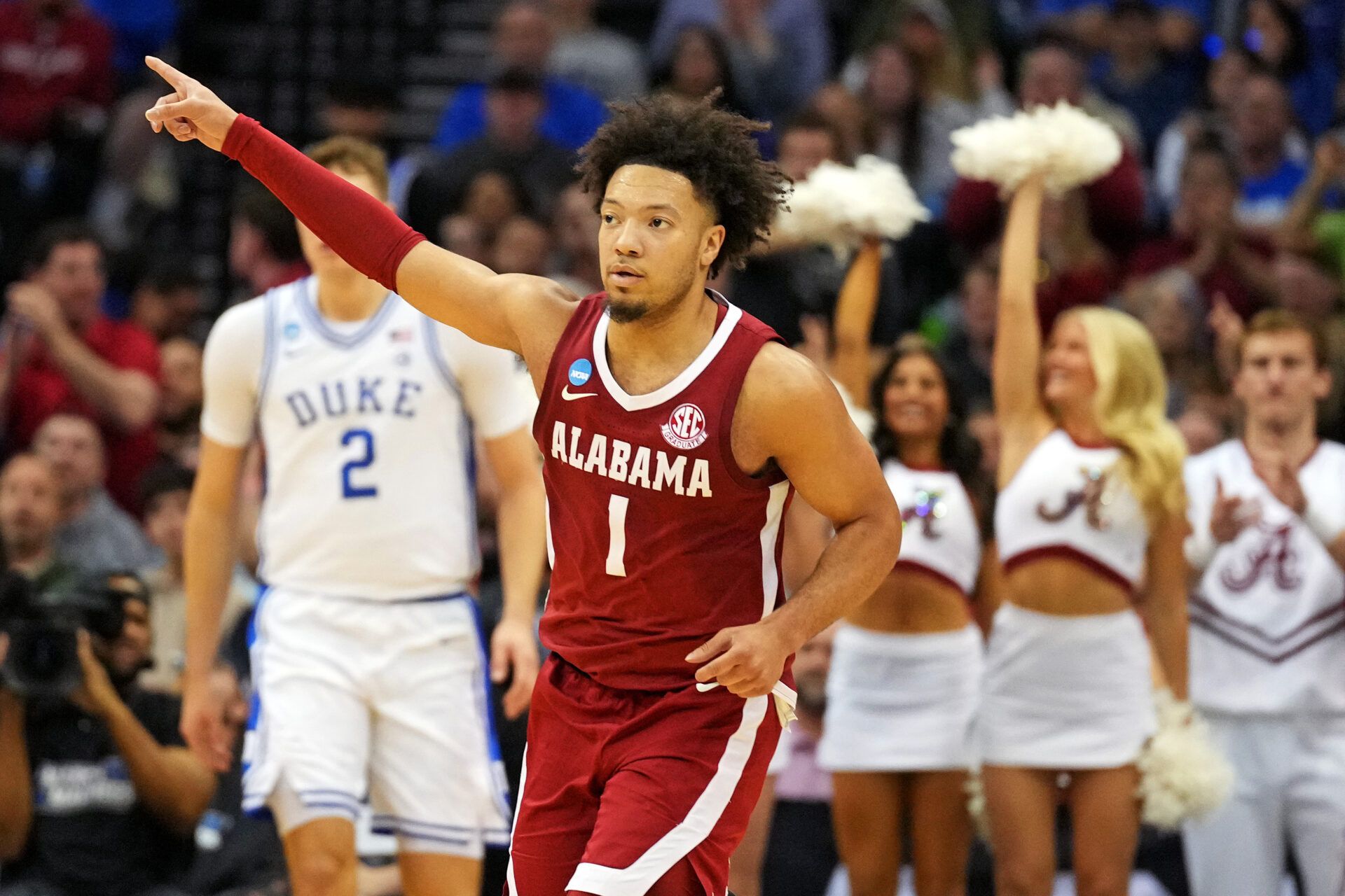 Alabama Crimson Tide guard Mark Sears (1) celebrates after a play during the second half against the Duke Blue Devils in the East Regional final of the 2025 NCAA tournament at Prudential Center.
