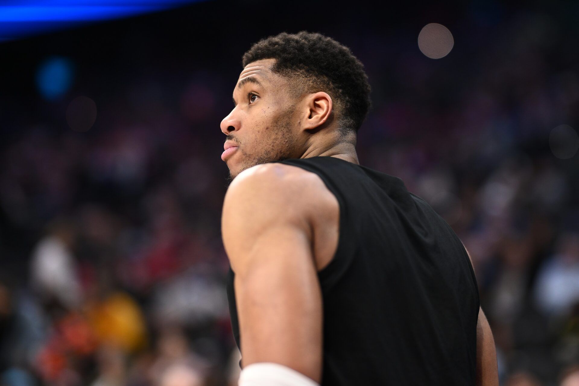 Milwaukee Bucks forward Giannis Antetokounmpo (34) looks on before the third quarter against the Philadelphia 76ers at Wells Fargo Center.